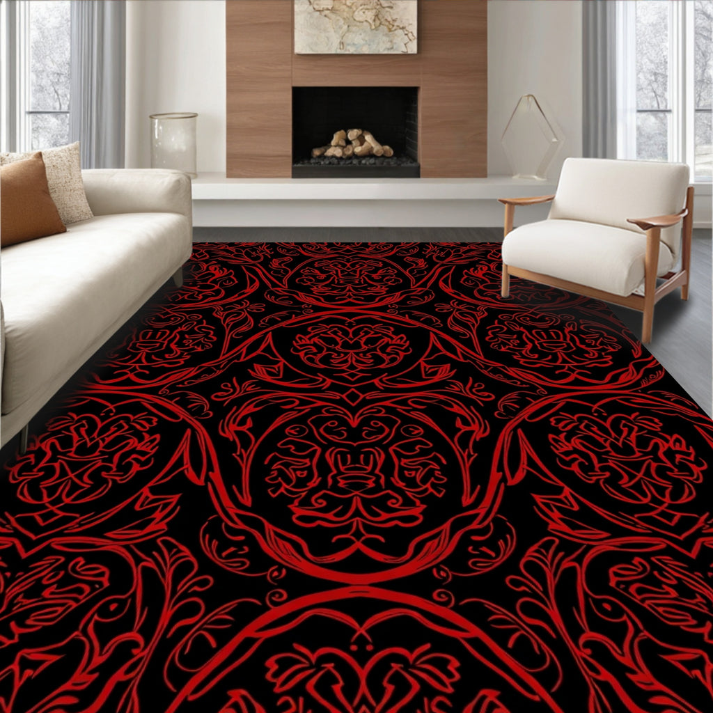 Crimson Red Ornate Damask Rug