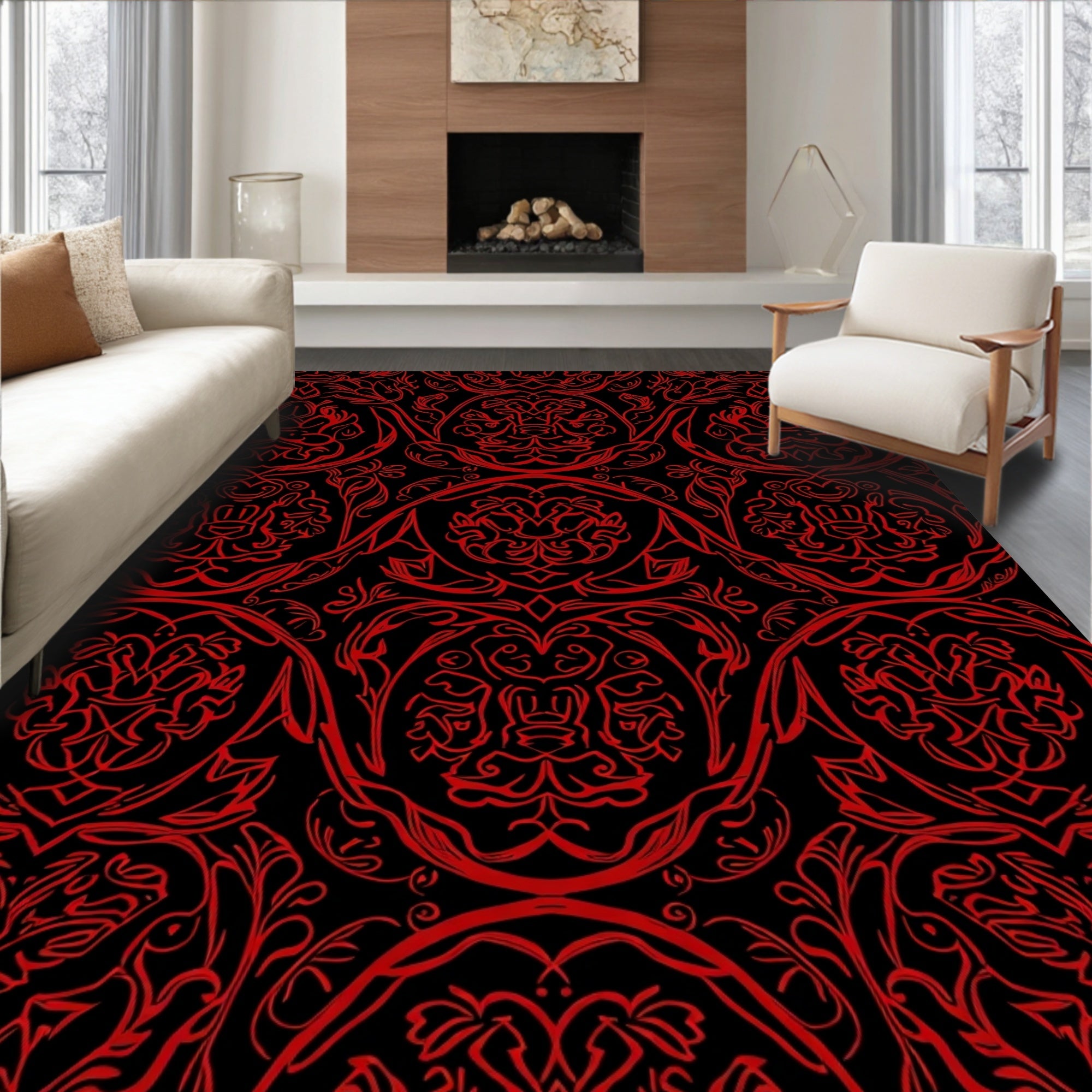 Crimson Red Ornate Damask Rug