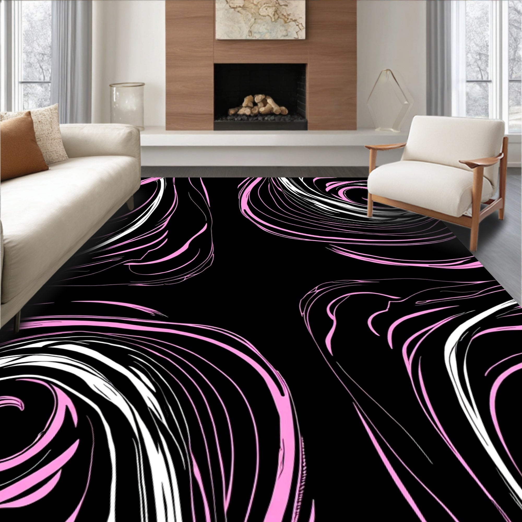 Pink Swirl Abstract Black Rug