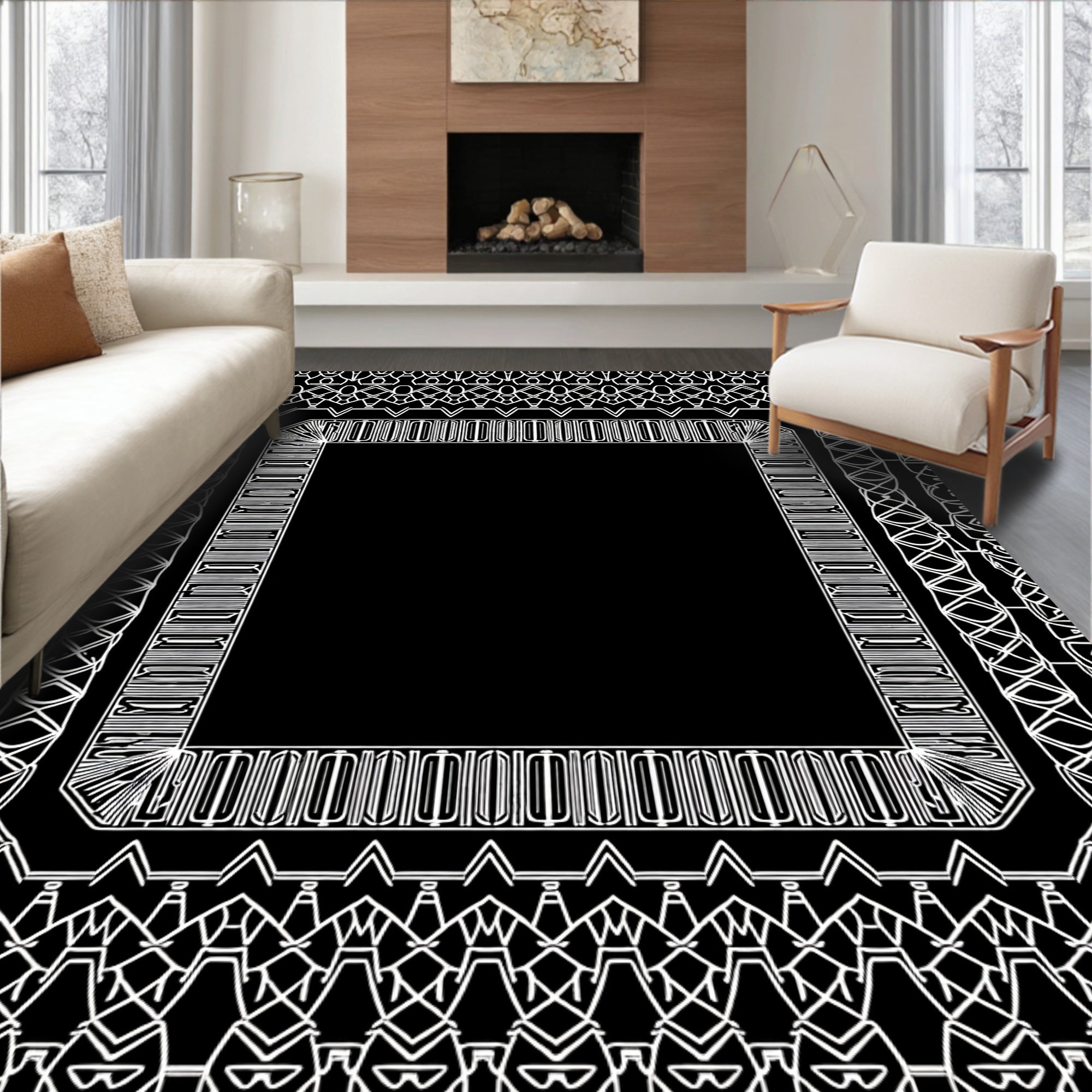 Geometric White Ornate Border Rug