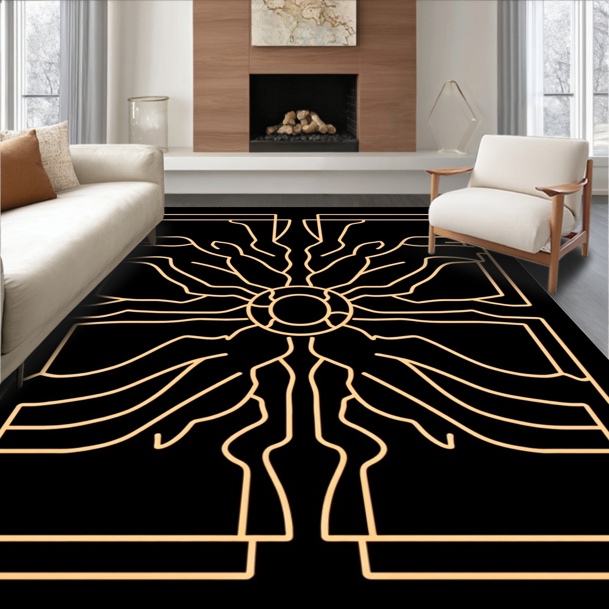 Golden Sunburst Geometric Lines Rug