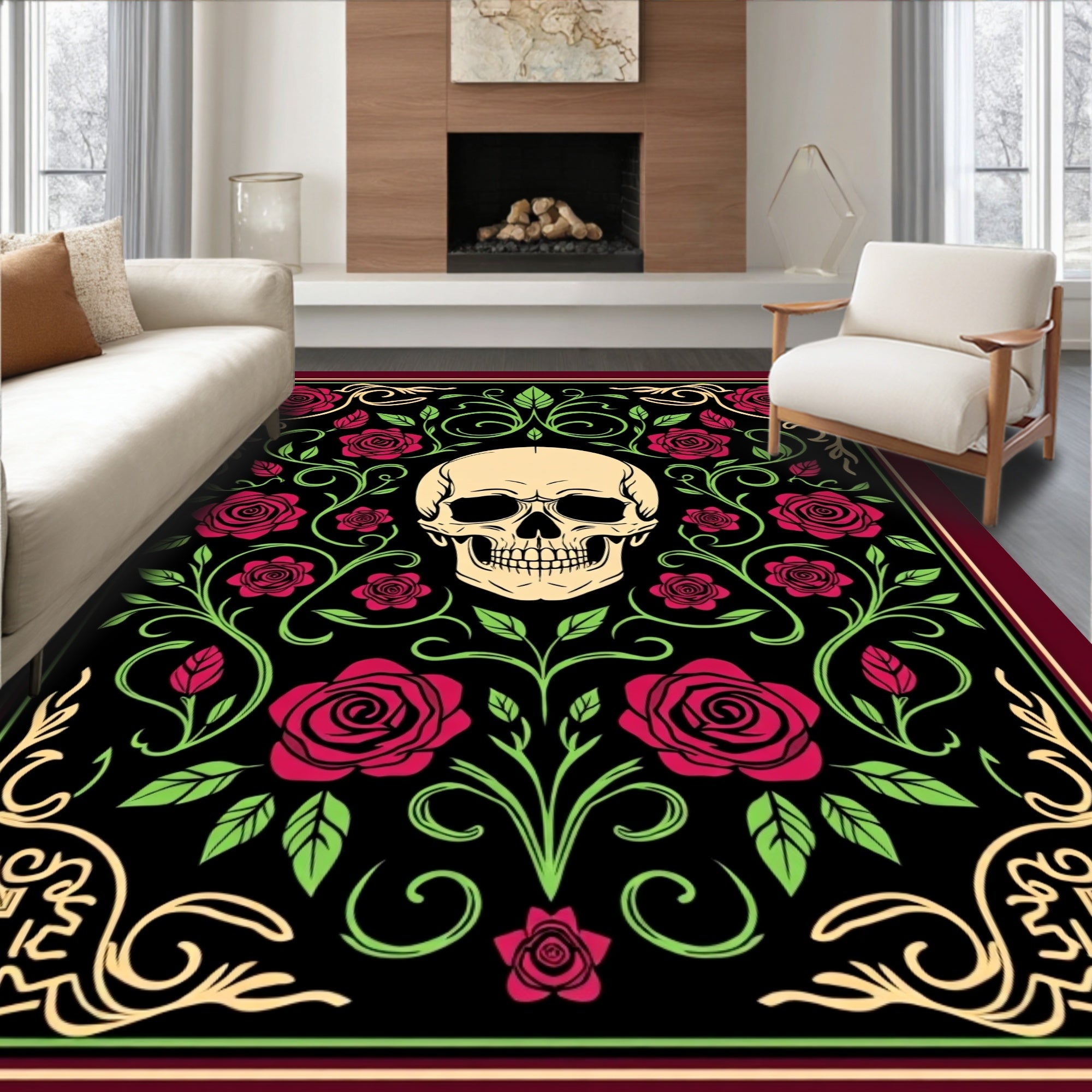 Crimson Rose Skull Floral Victorian Rug