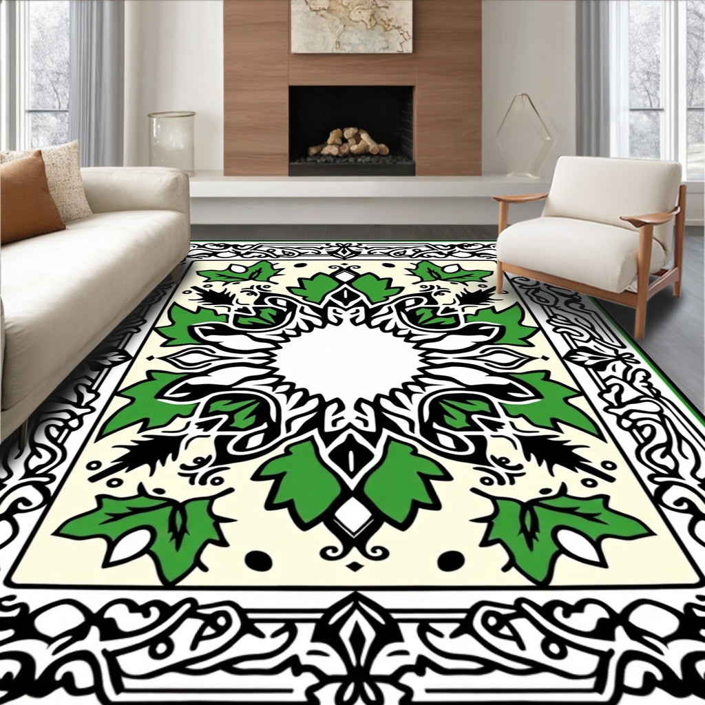 Green Leaf Bordered Medallion Rug