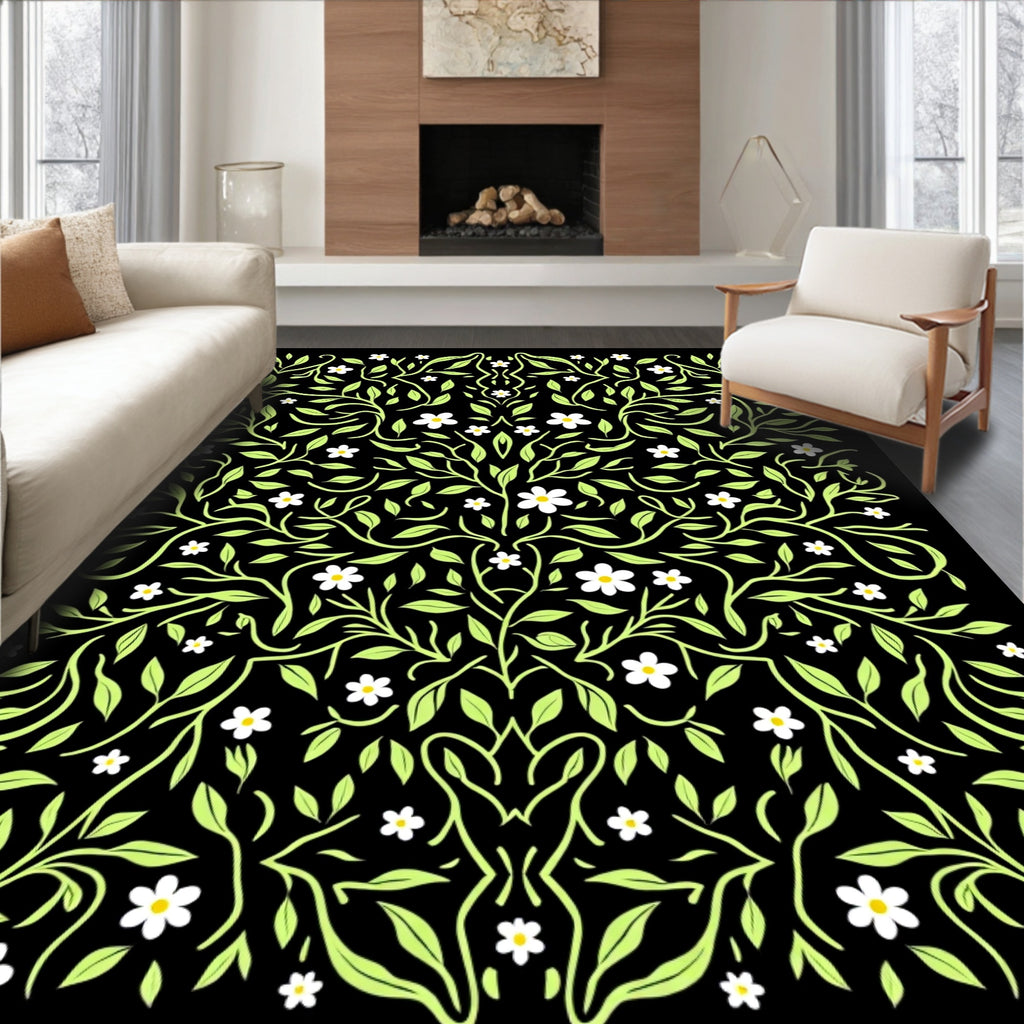 Whimsical White Daisy Vine Swirl Rug