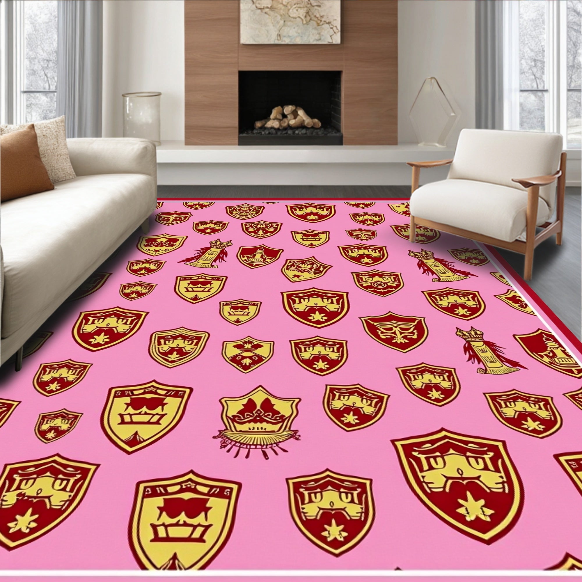 Pink Red Crested Shield Arrangement Rug