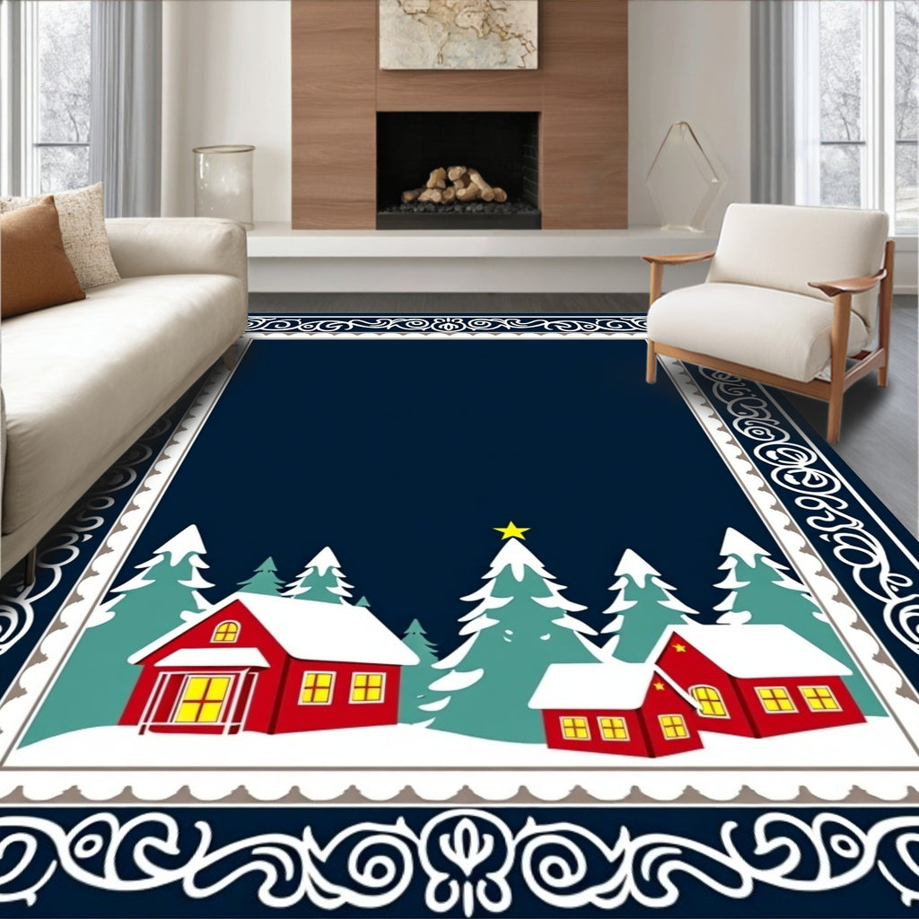 Festive Red Houses Winter Woods Border Rug
