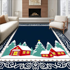 Festive Red Houses Winter Woods Border Rug