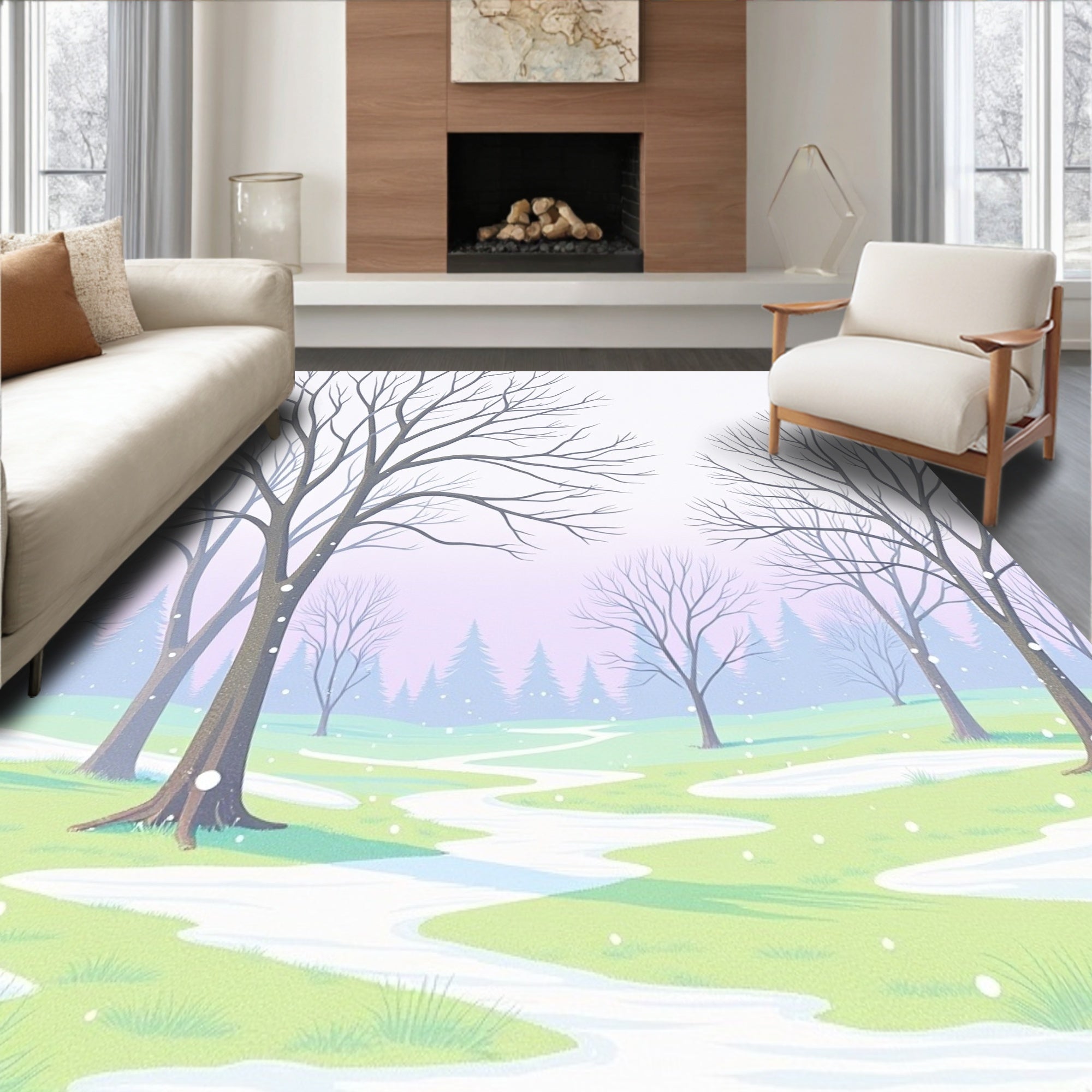 Winter Snowfall Forest Path Rug