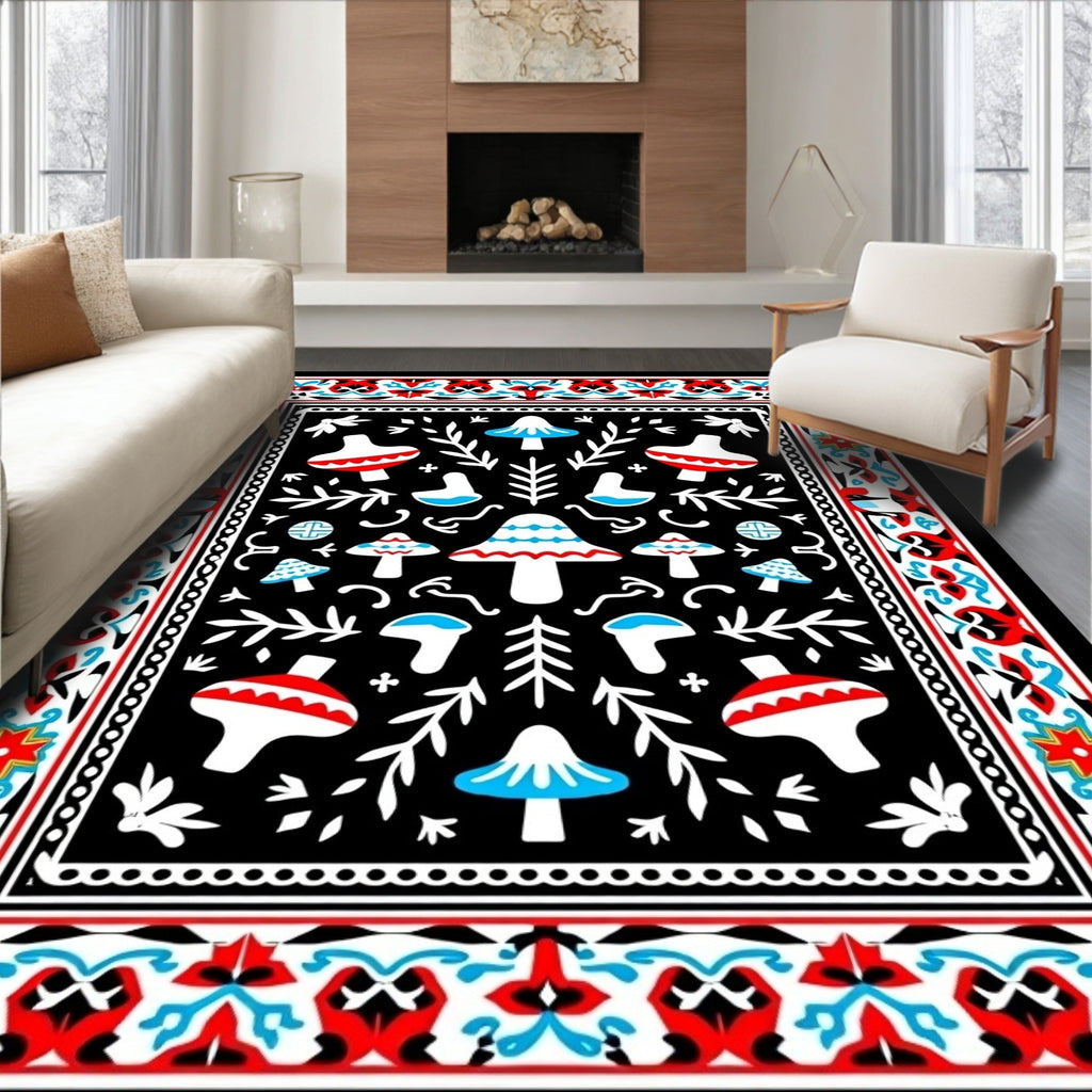 Whimsical Red Blue Mushroom Garden Border Rug
