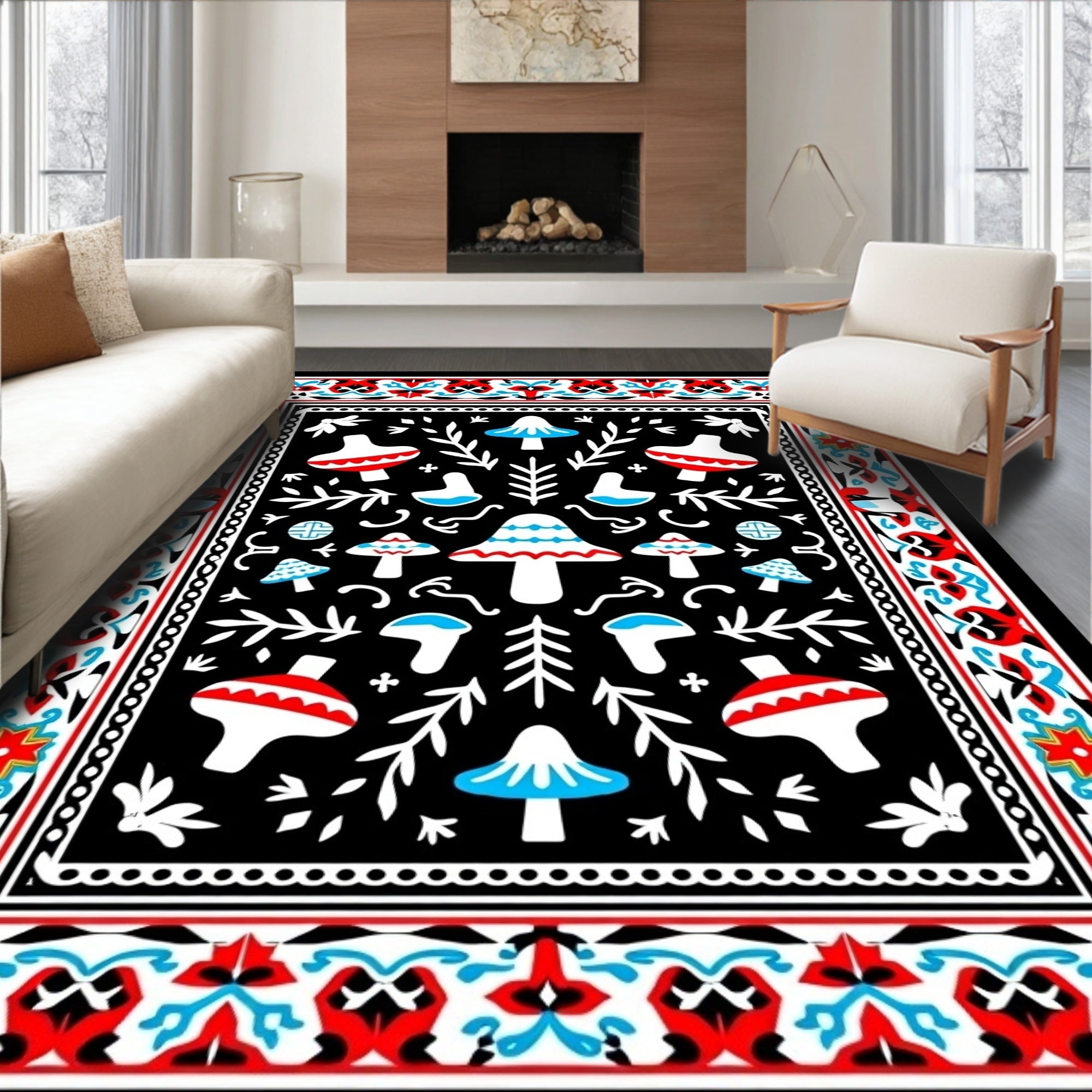 Whimsical Red Blue Mushroom Garden Border Rug