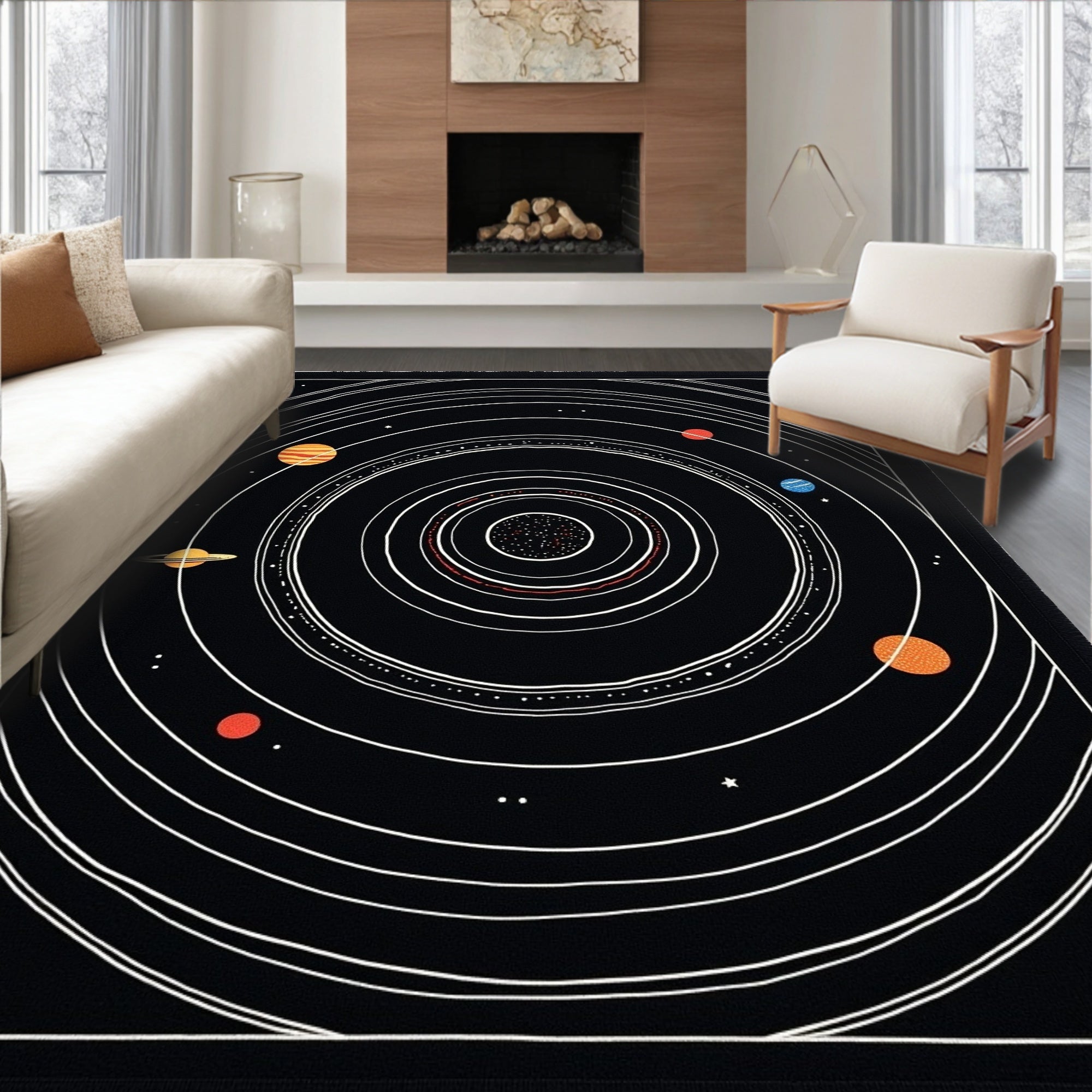 Black Celestial Solar System Orbits Rug