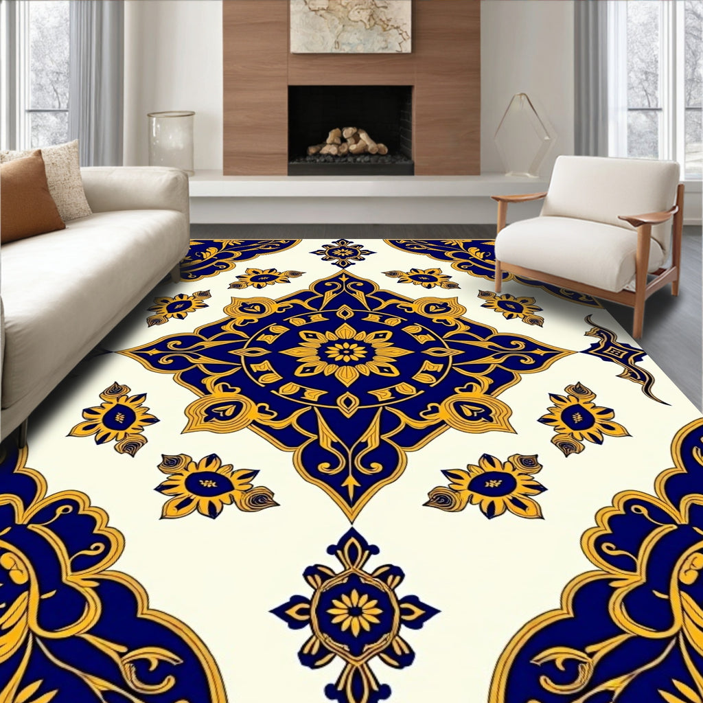 Ornate Blue Gold Floral Medallion Rug