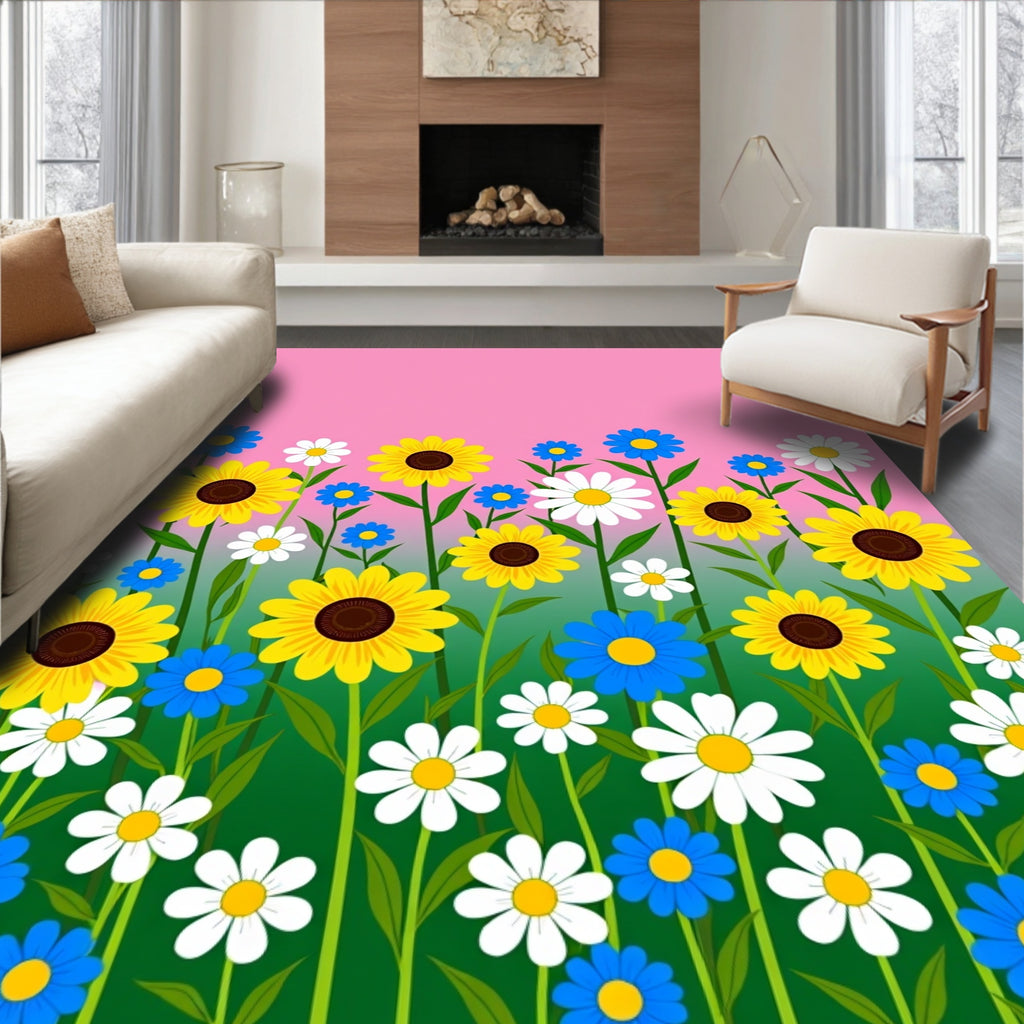 Vibrant Yellow Sunflowers Blue Daisies Field Rug
