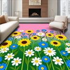 Vibrant Yellow Sunflowers Blue Daisies Field Rug