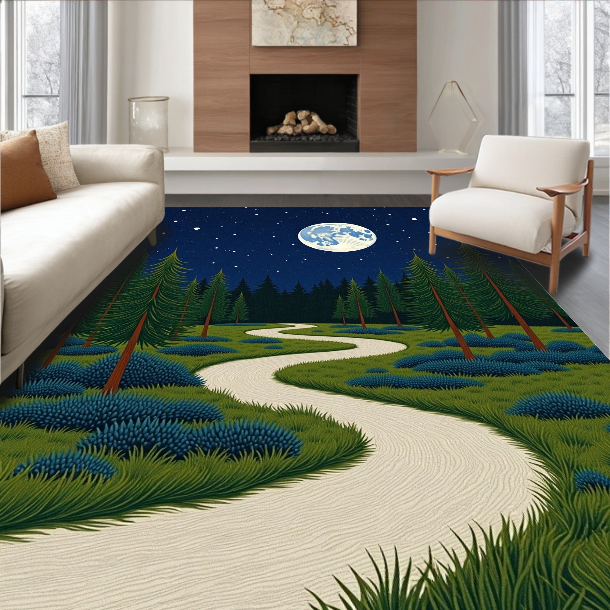 Winding Road Under Full Moon Forest Rug