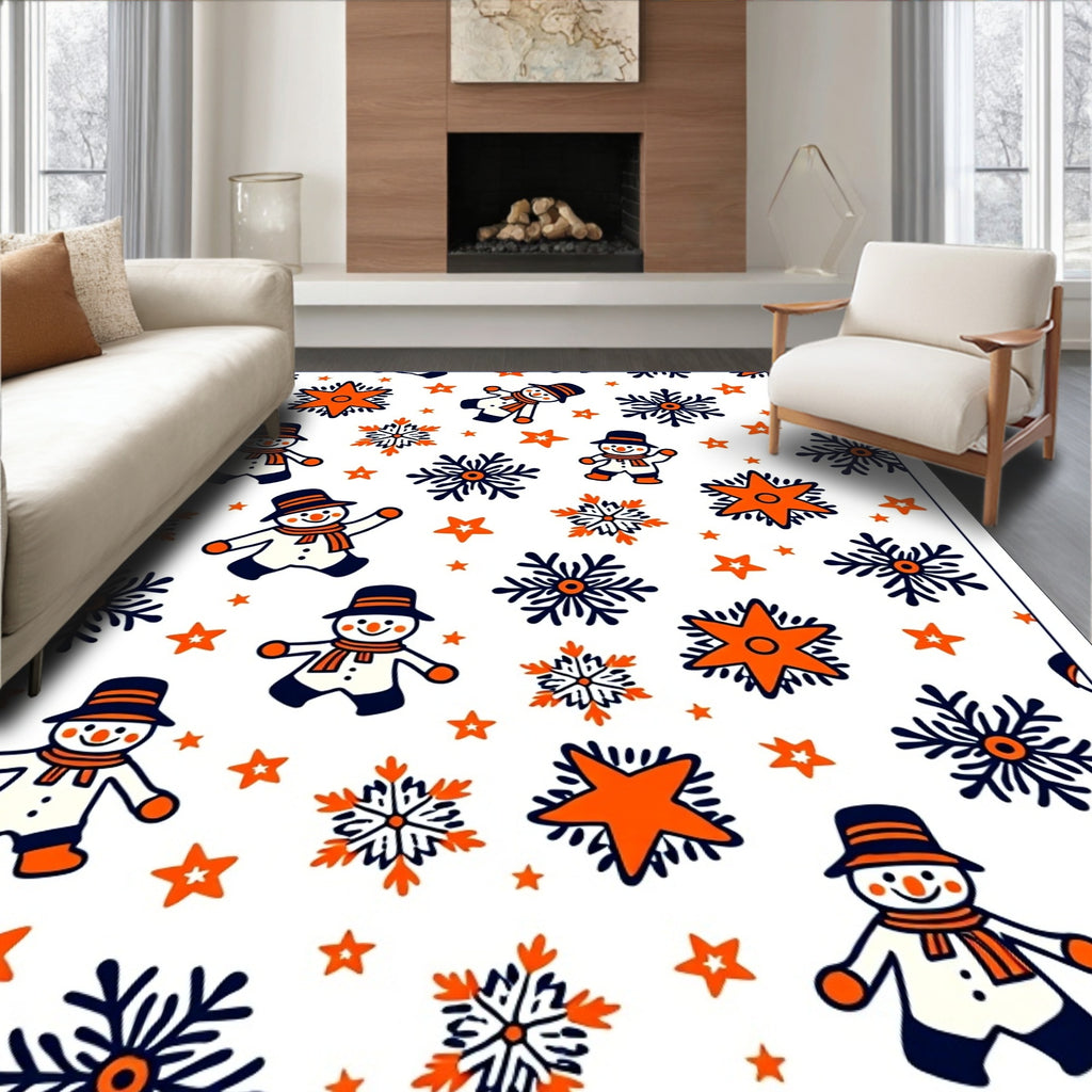 Whimsical Snowman Orange Snowflake Star Rug