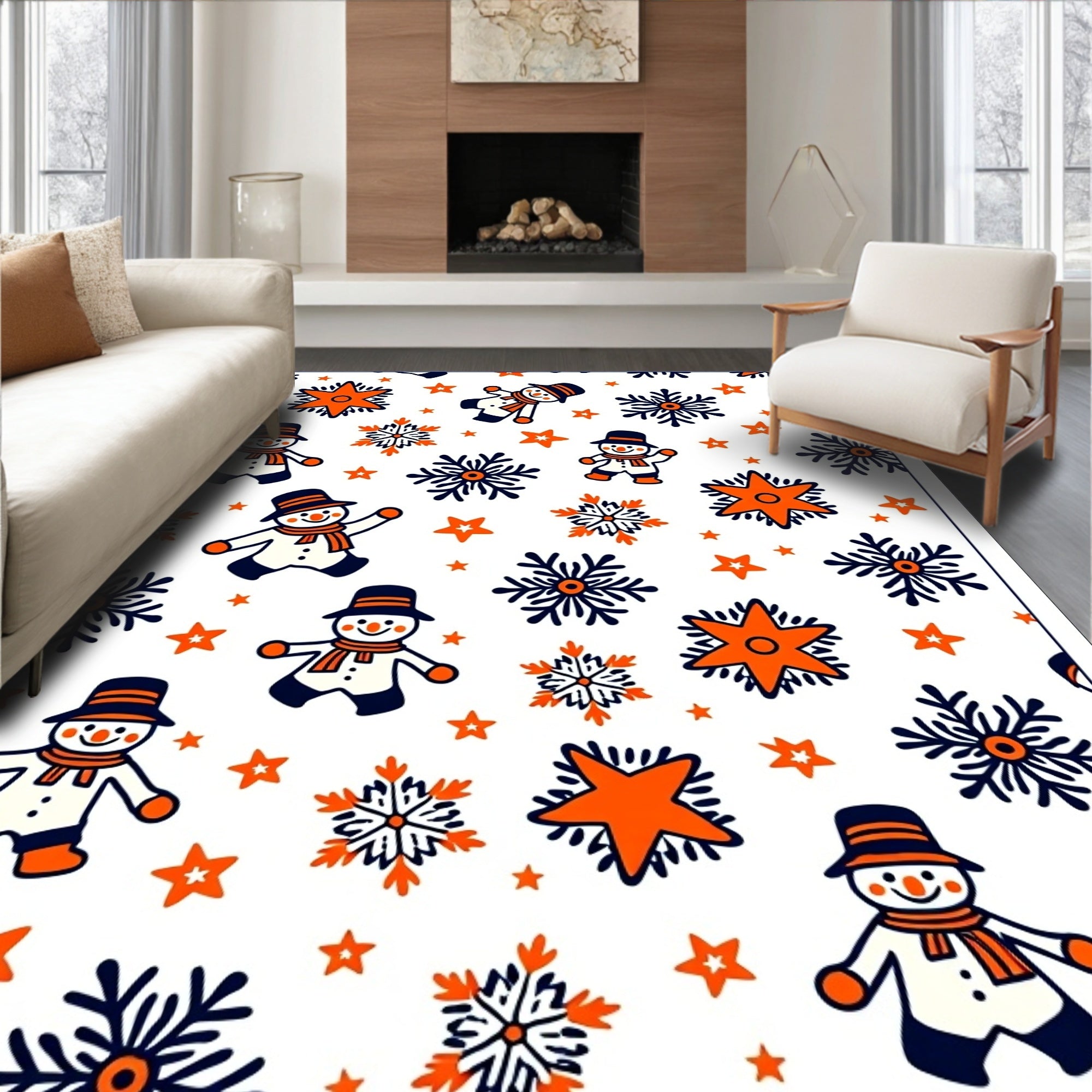 Whimsical Snowman Orange Snowflake Star Rug