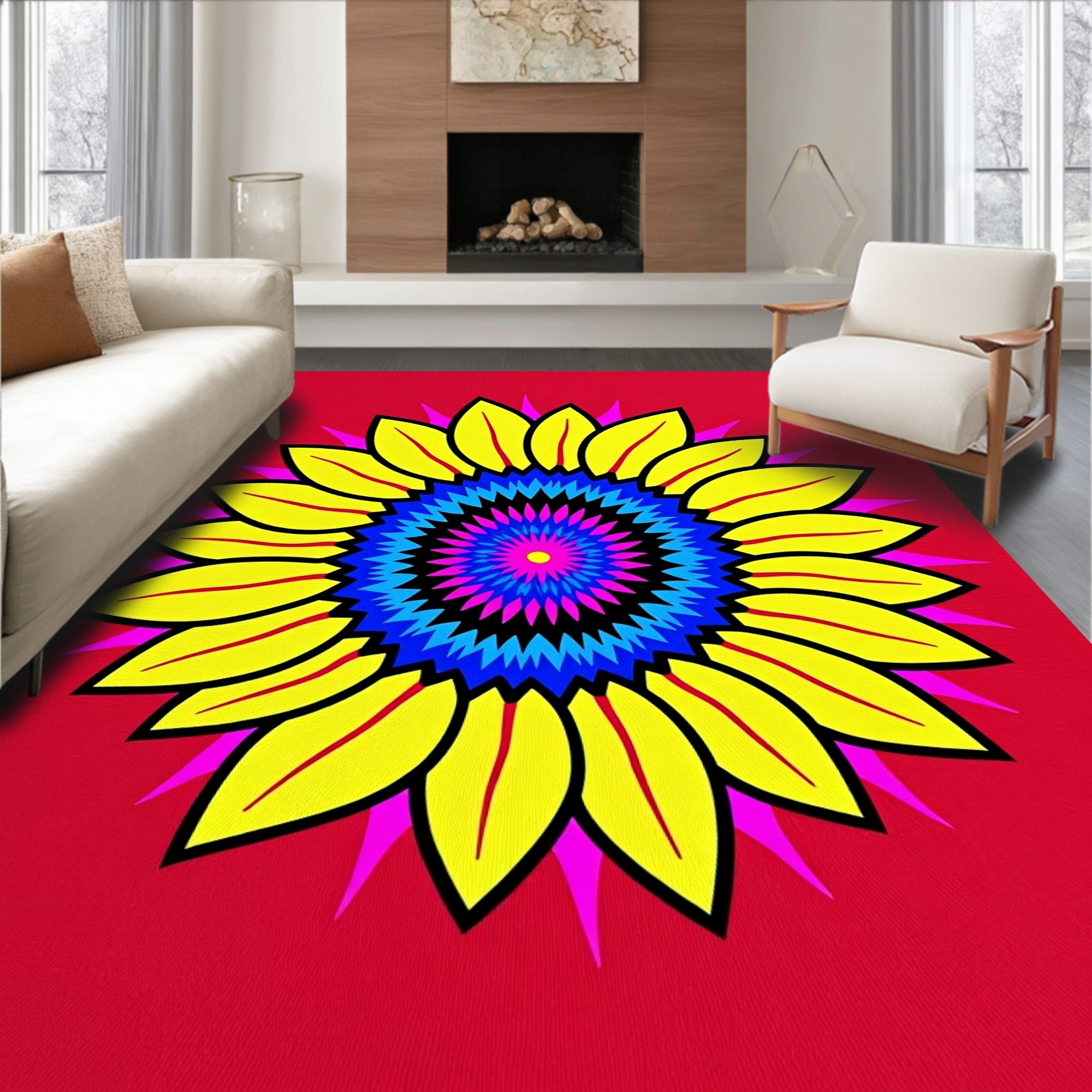 Vibrant Yellow Sunflower Radial Rug