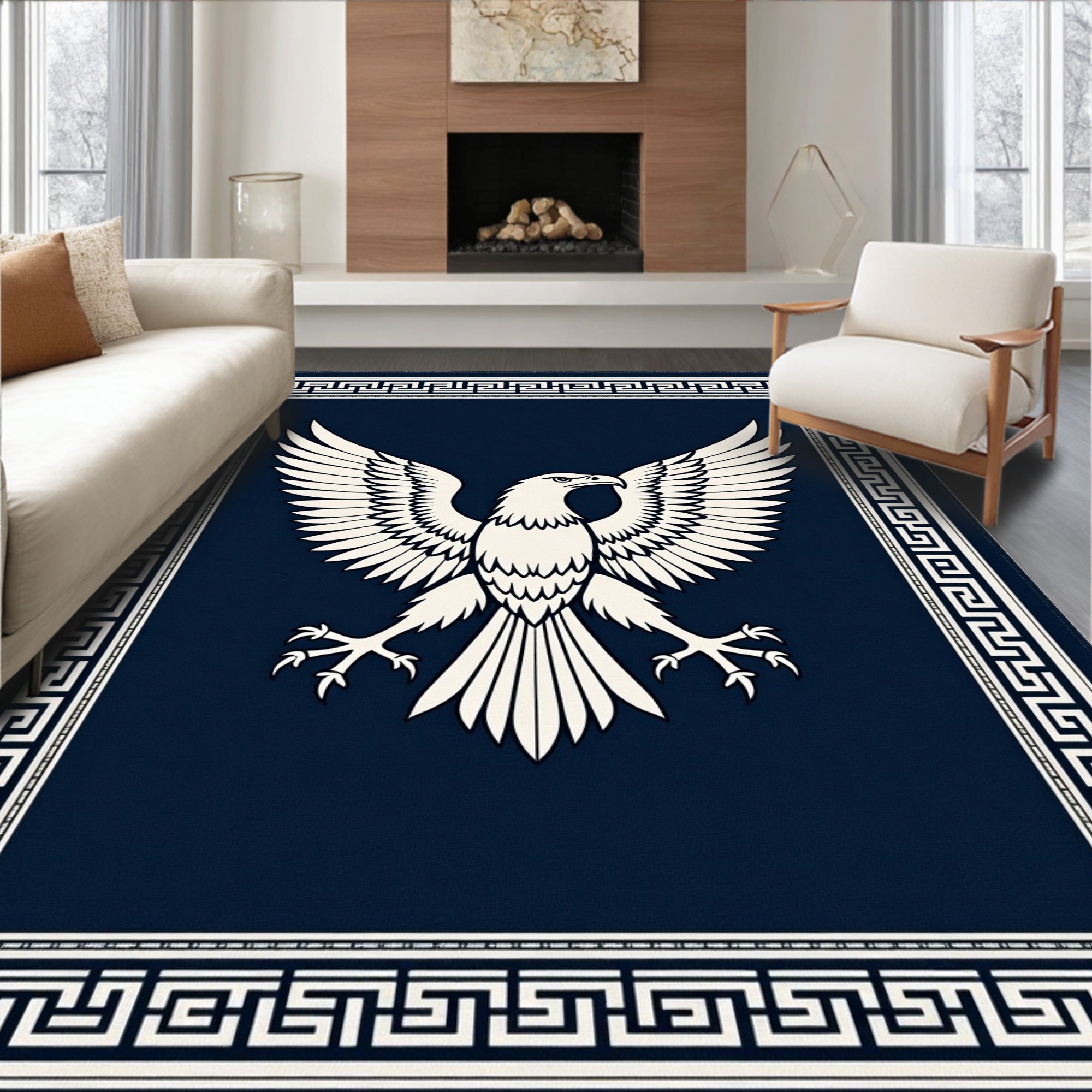 Navy and Ivory Eagle Greek Key Rug