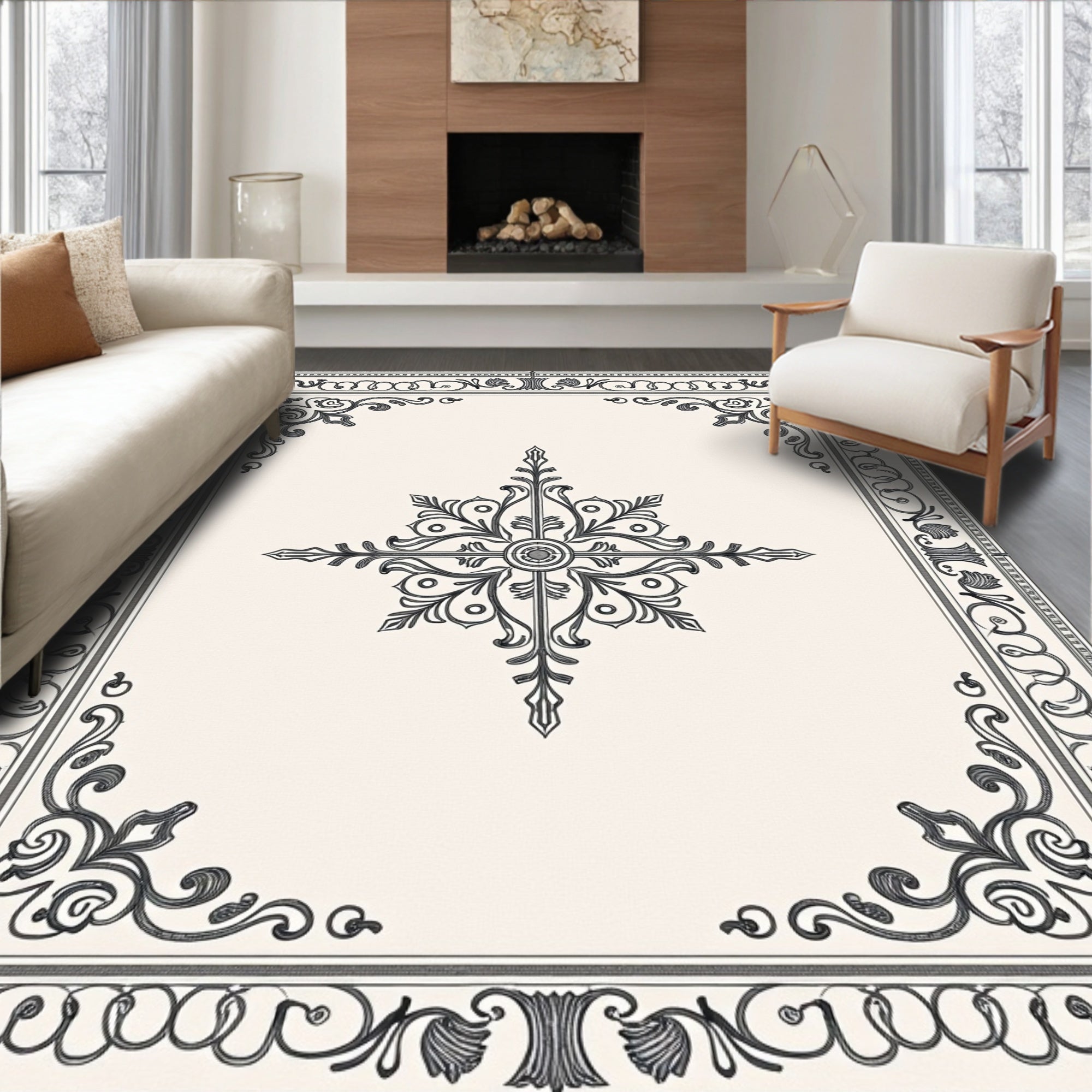 Elegant Gray Ornamental Star Border Rug
