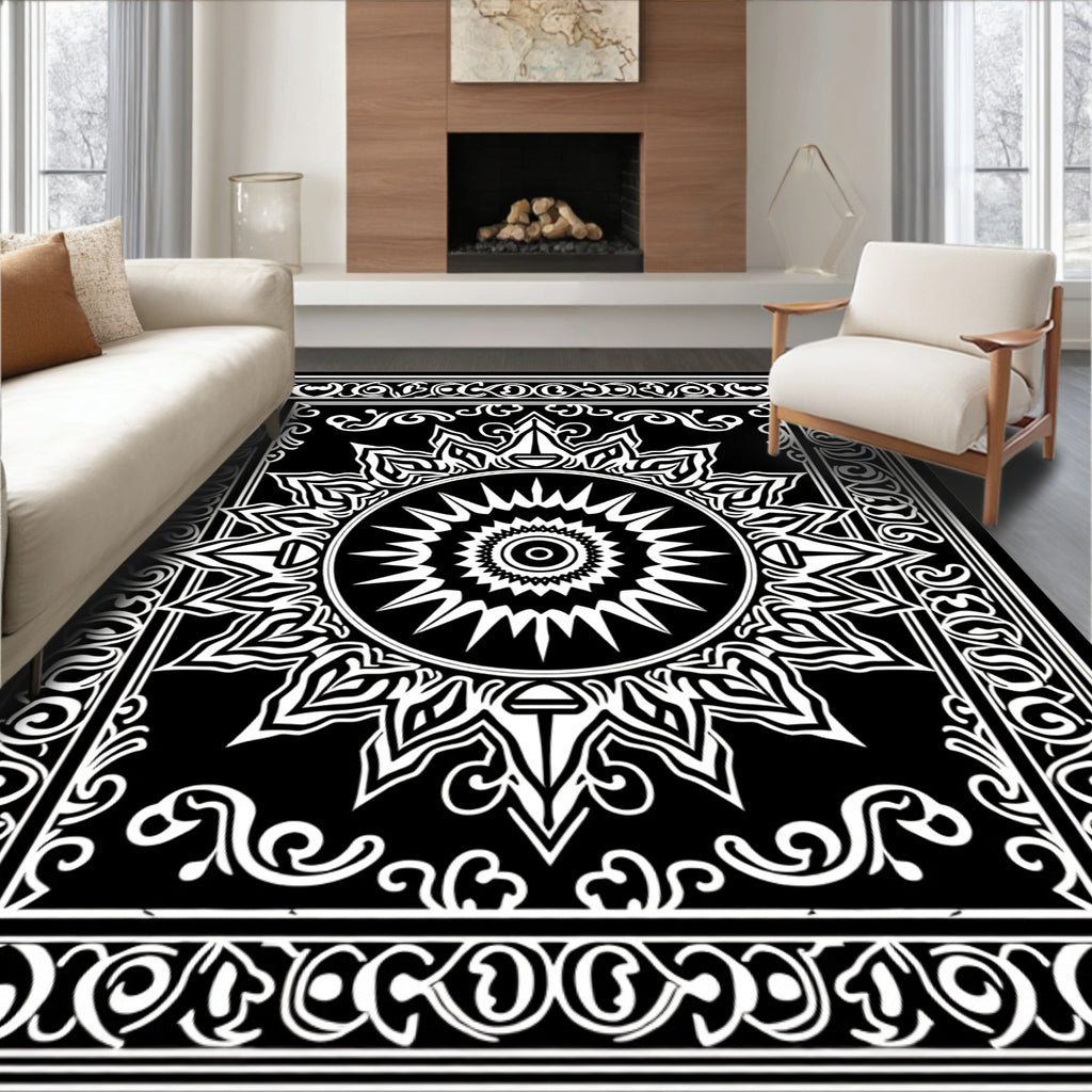 Black White Radial Sunburst Mandalas Rug