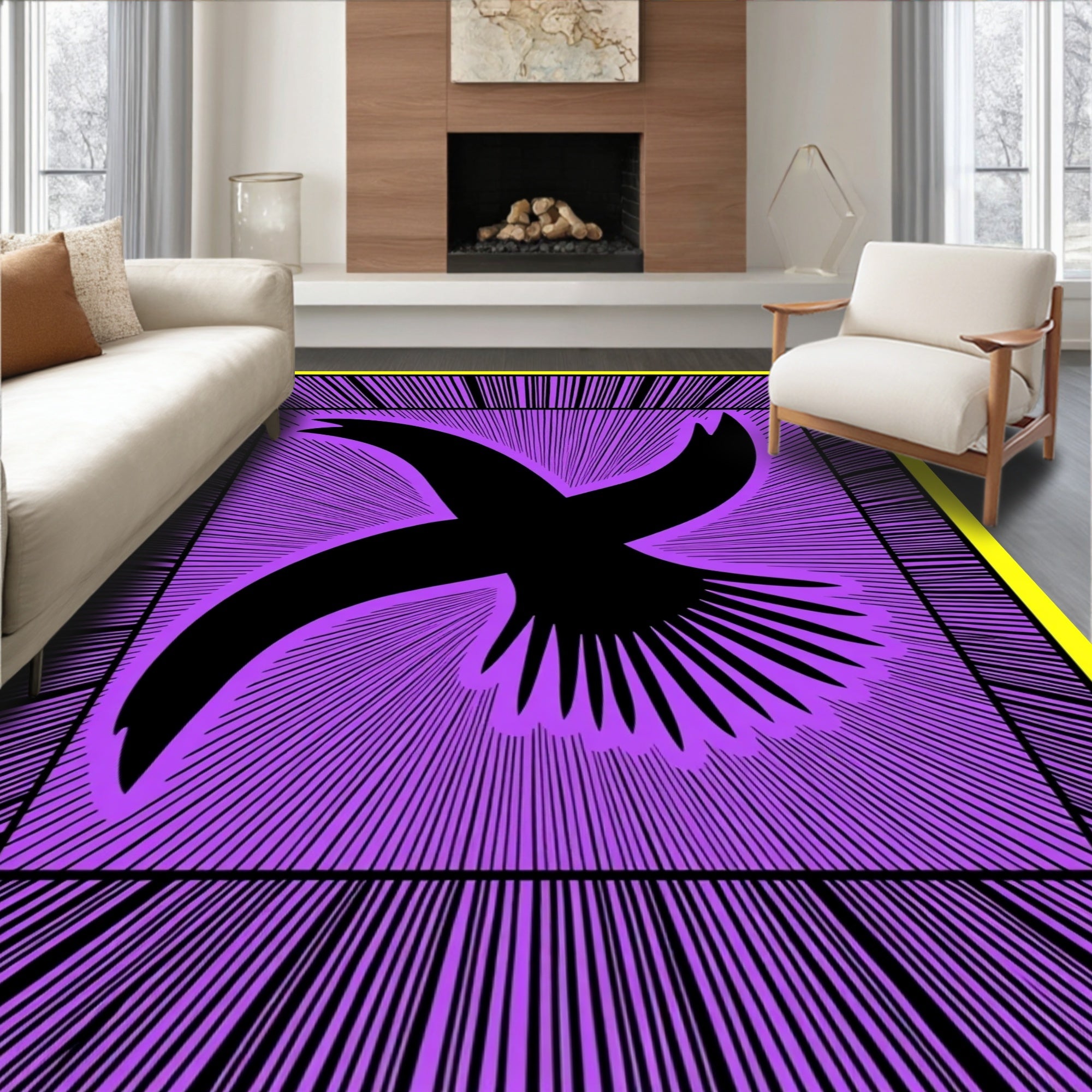 Vibrant Purple Bird Burst Yellow Frame Rug