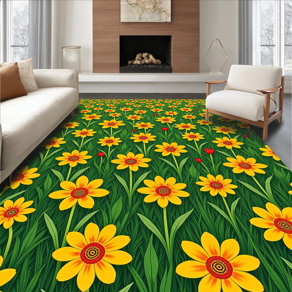 Sunny Yellow Floral Field Grass Rug