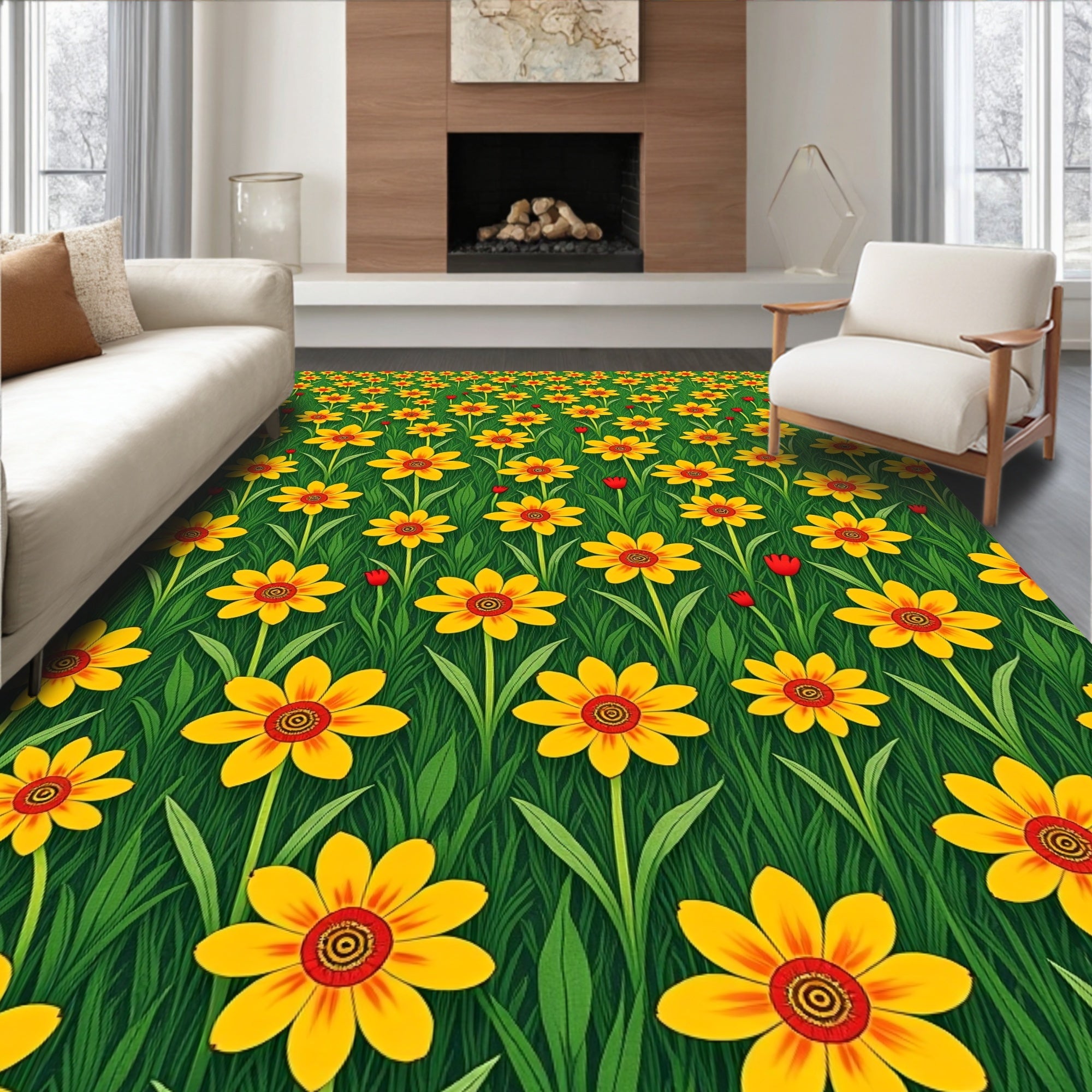 Sunny Yellow Floral Field Grass Rug