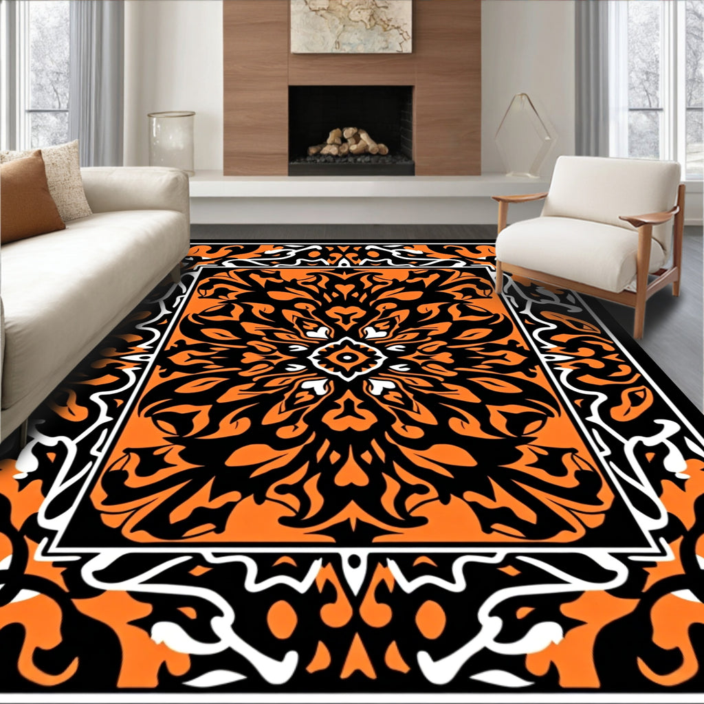 Bold Orange Black Ornate Scroll Rug