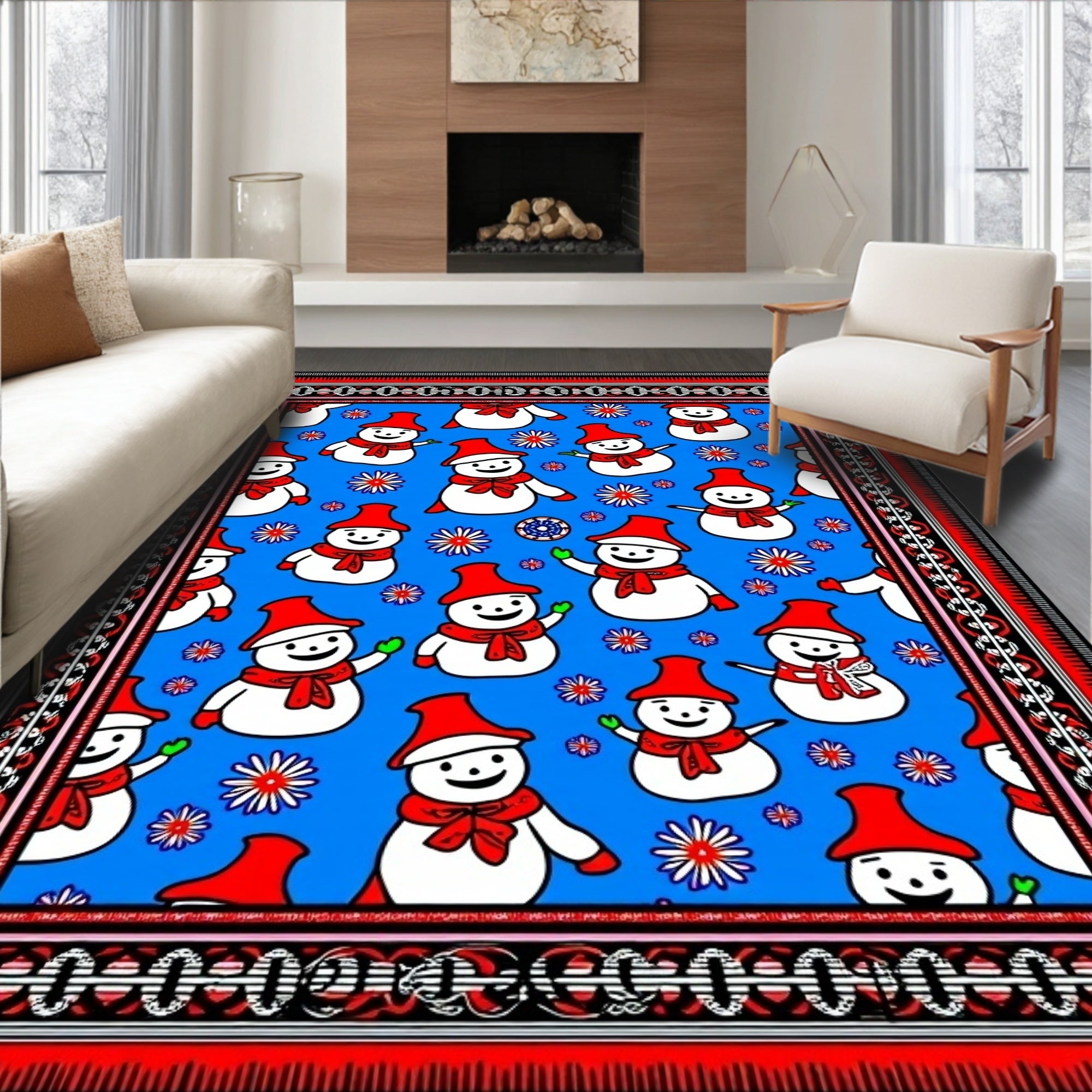Blue Snowman Festive Holiday Scene Rug