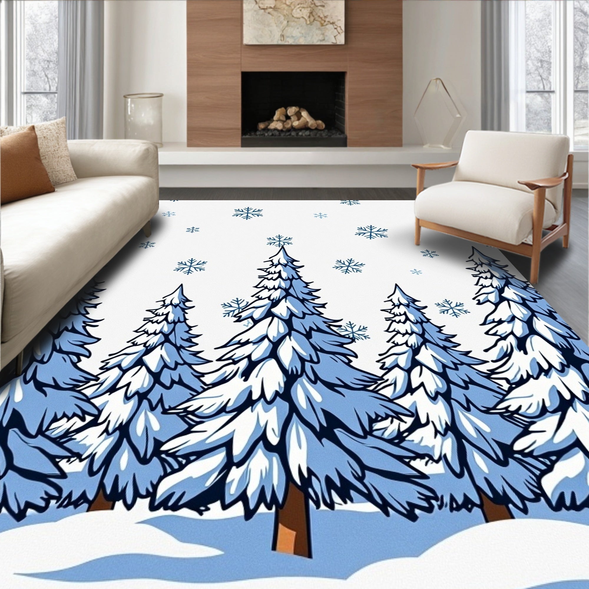 Snowy Blue Pine Forest Snowflakes Rug
