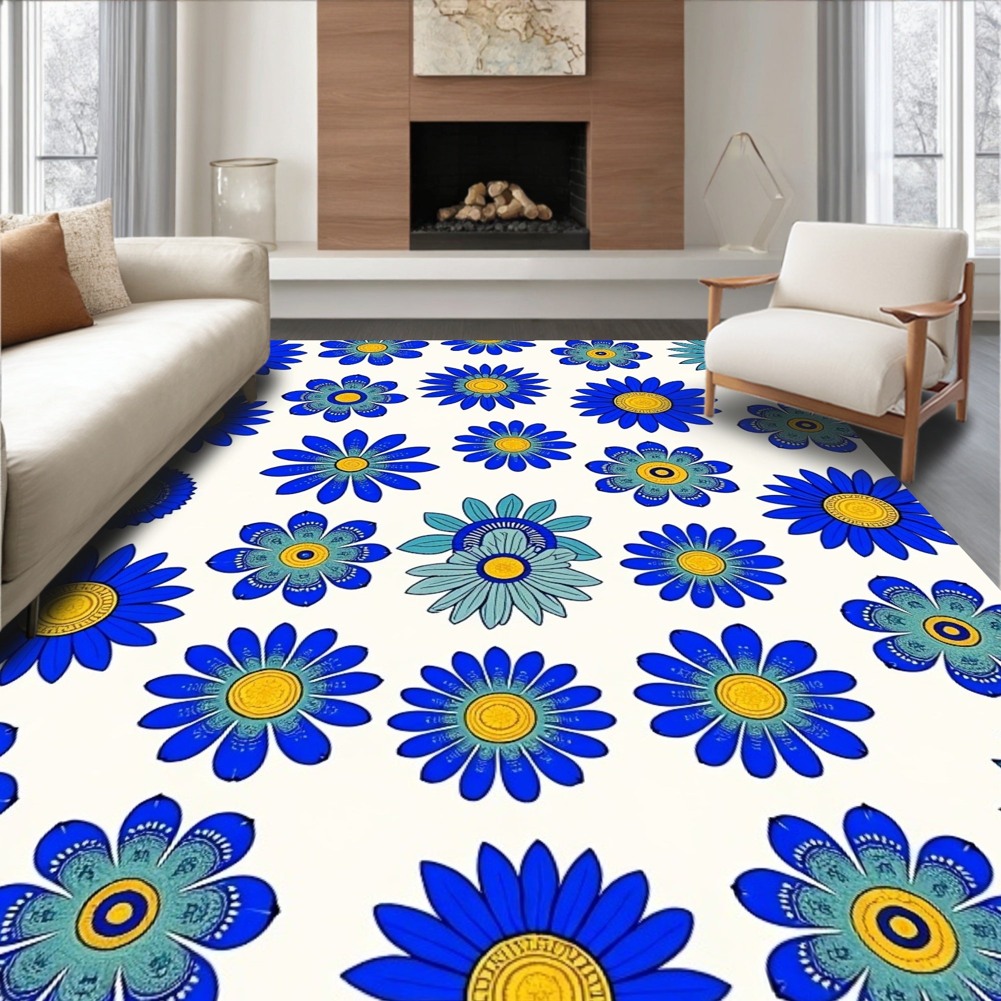 Vibrant Blue Golden Daisy Collage Rug