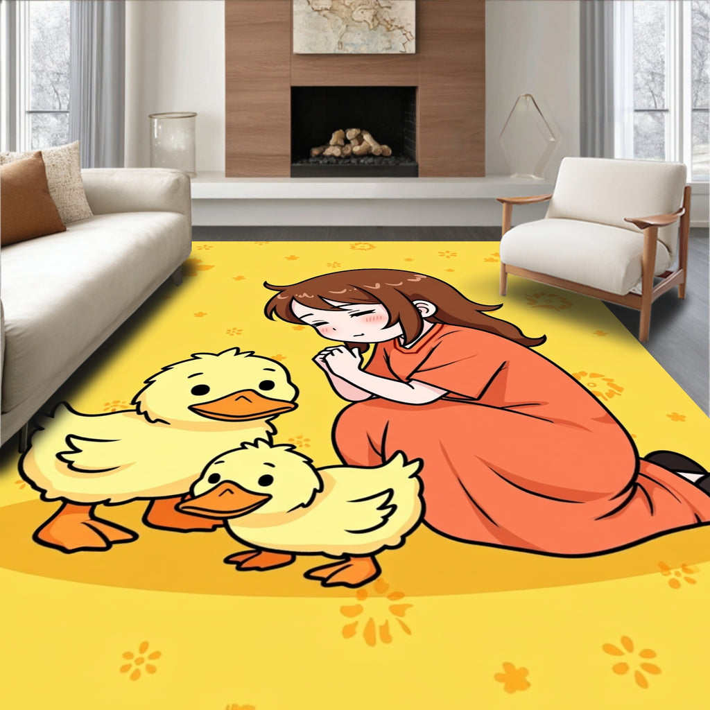 Cute Yellow Ducklings With Girl Charm Rug