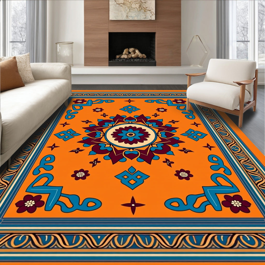 Vibrant Orange Floral Medallion Border Rug
