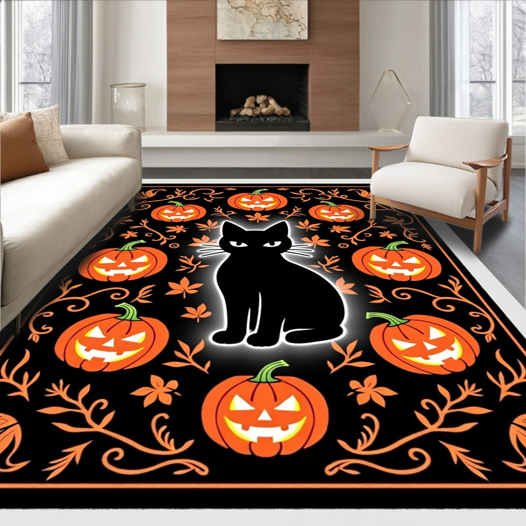 Black Cat Halloween Pumpkin Garland Rug