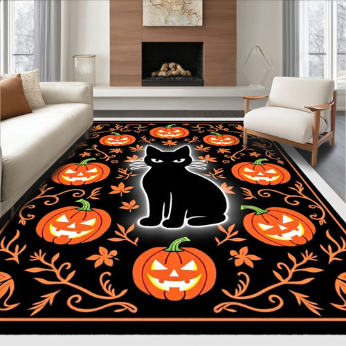 Black Cat Halloween Pumpkin Garland Rug