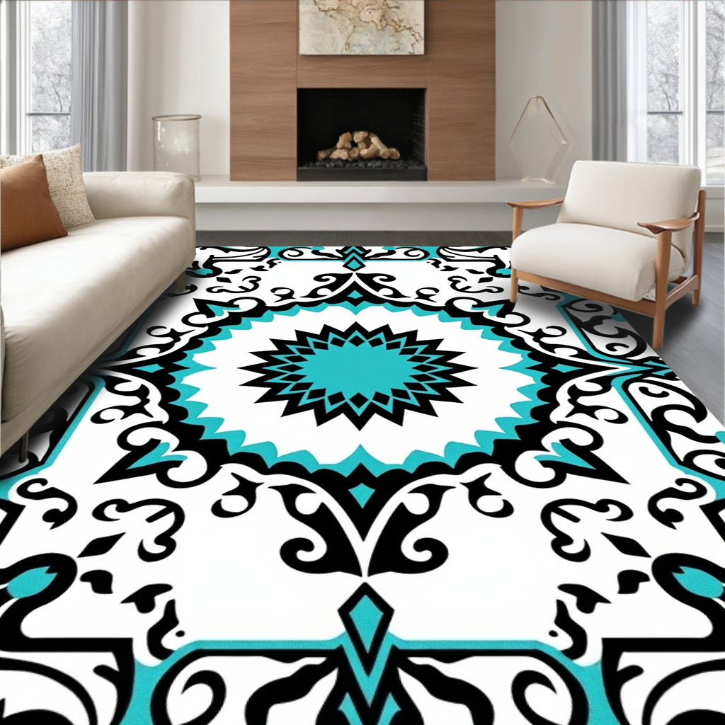 Turquoise Black White Scroll Medallion Rug