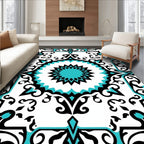 Turquoise Black White Scroll Medallion Rug