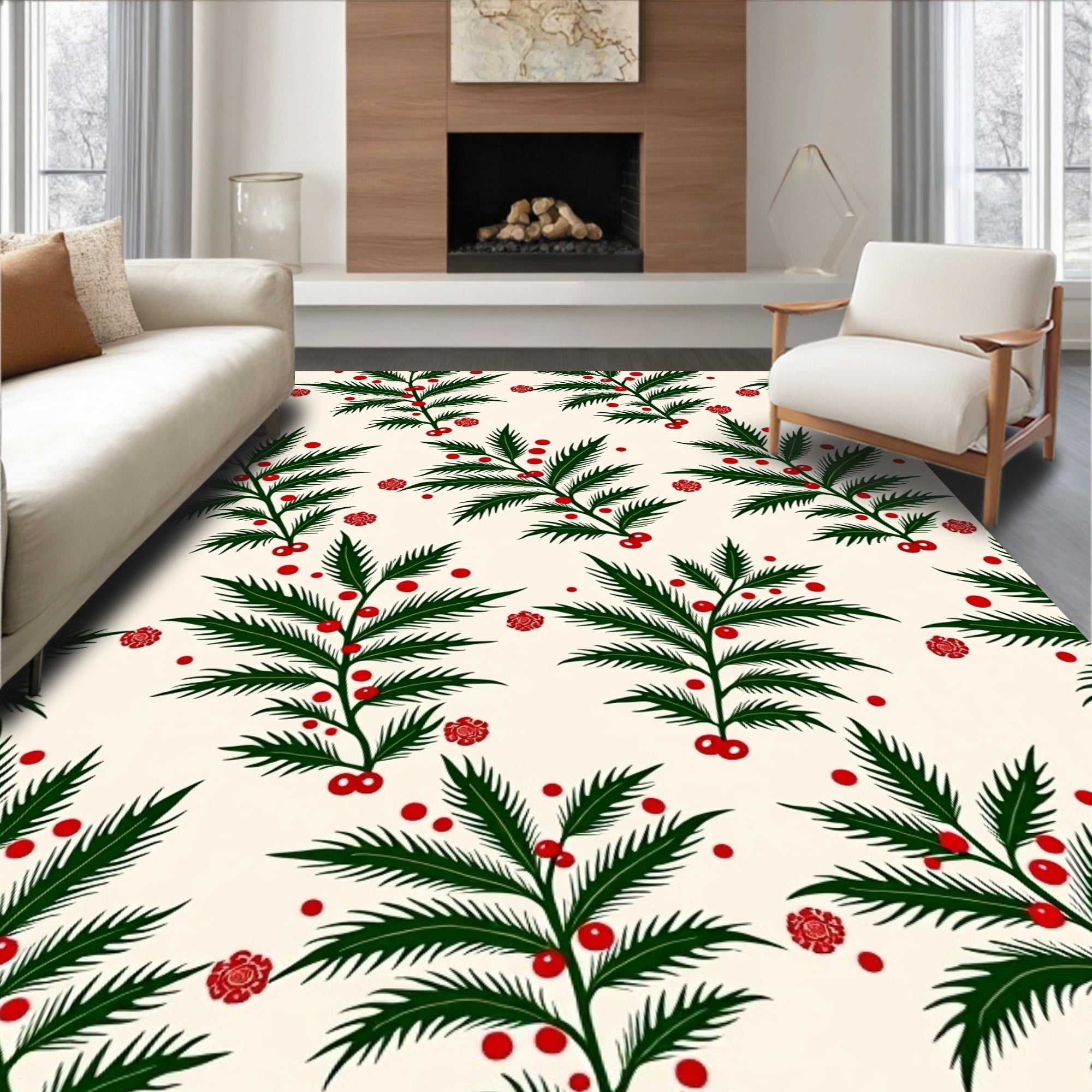 Festive Green Berry Sprig Repeat Rug