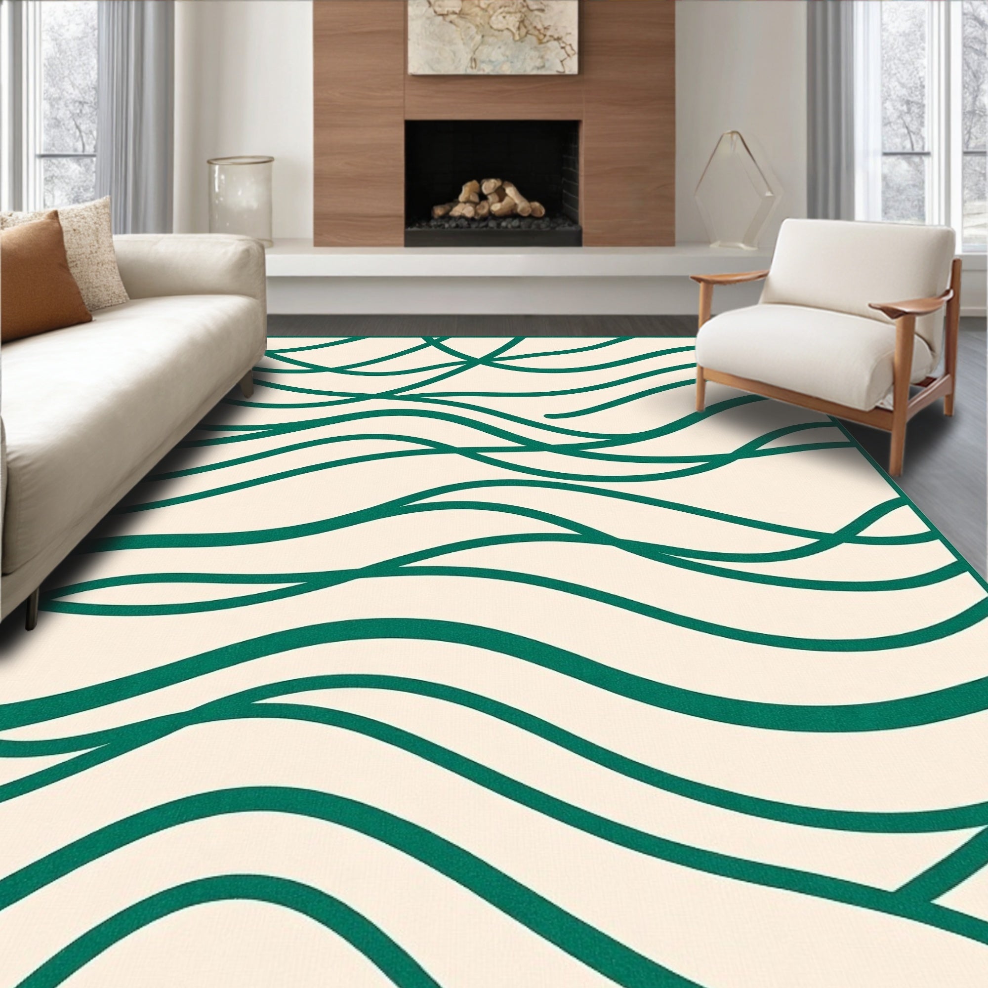 Cream And Teal Wavy Lines Rug