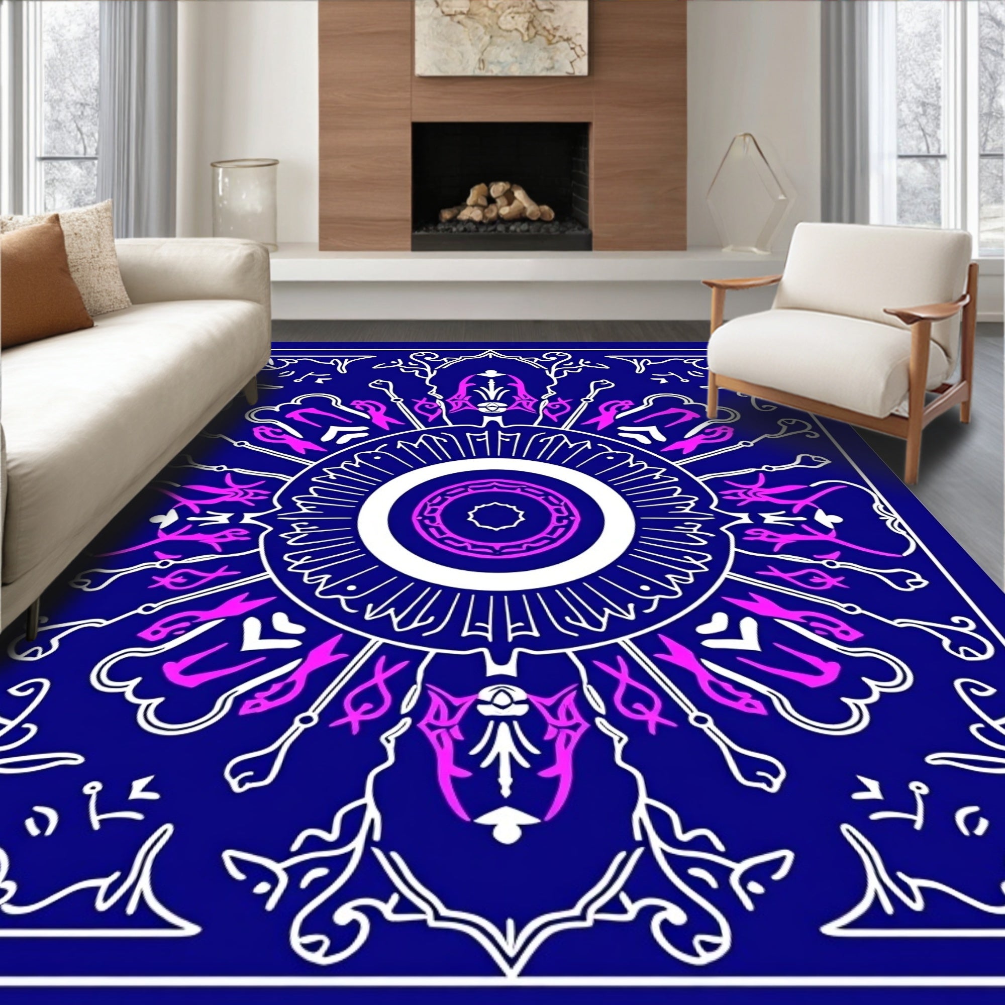 Deep Blue Fanciful Mandala Rug