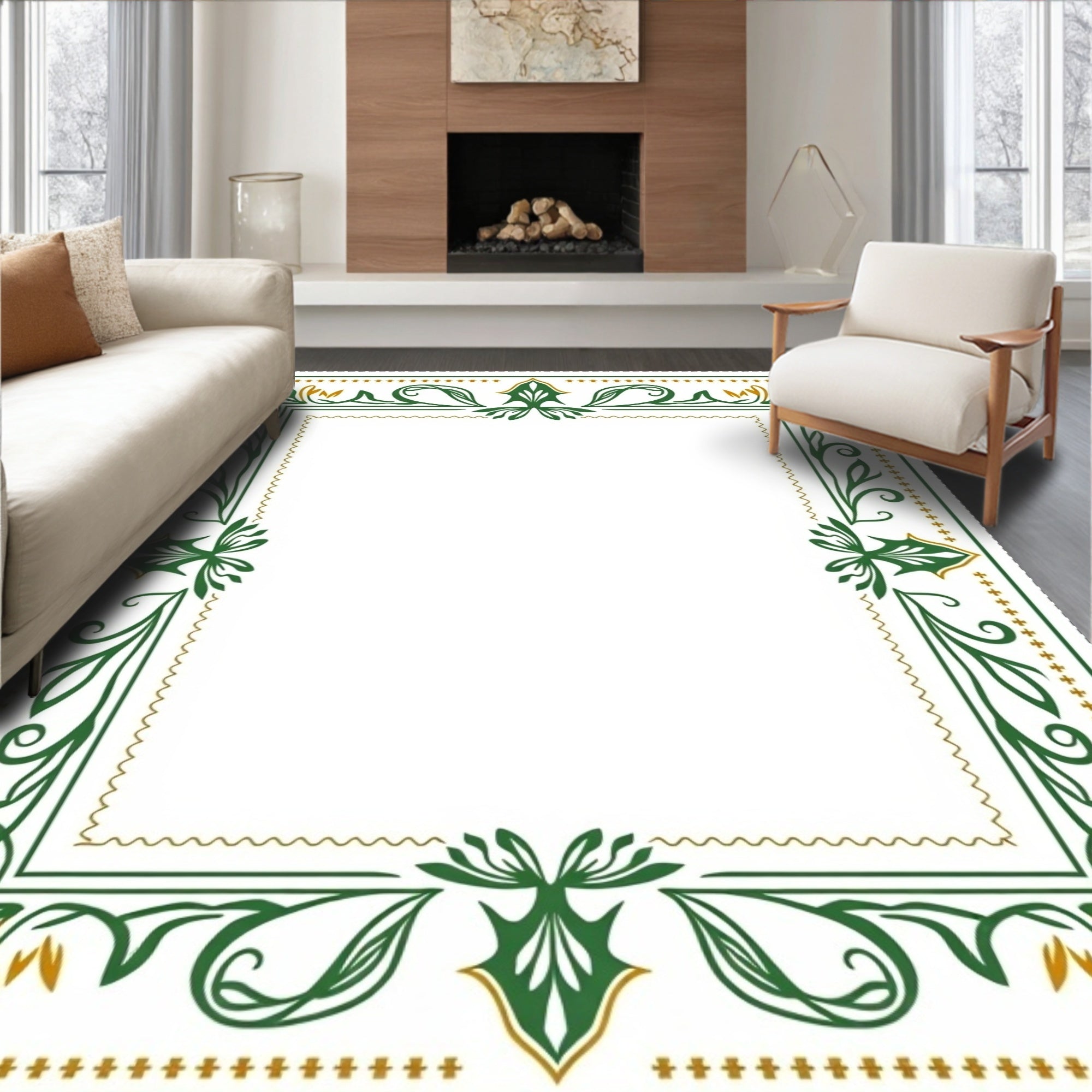 Green Gold Floral Border Frame Rug