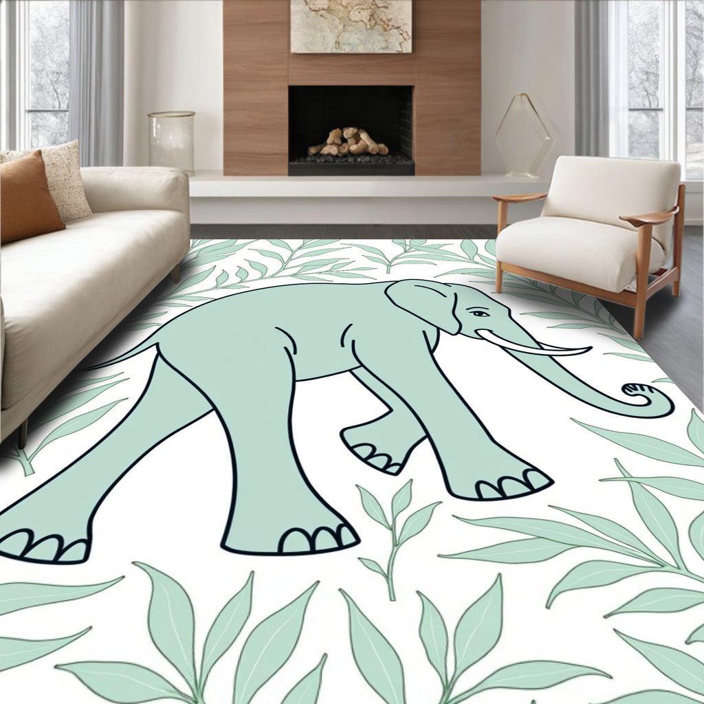 Serene Aqua Elephant Leafy Background Rug