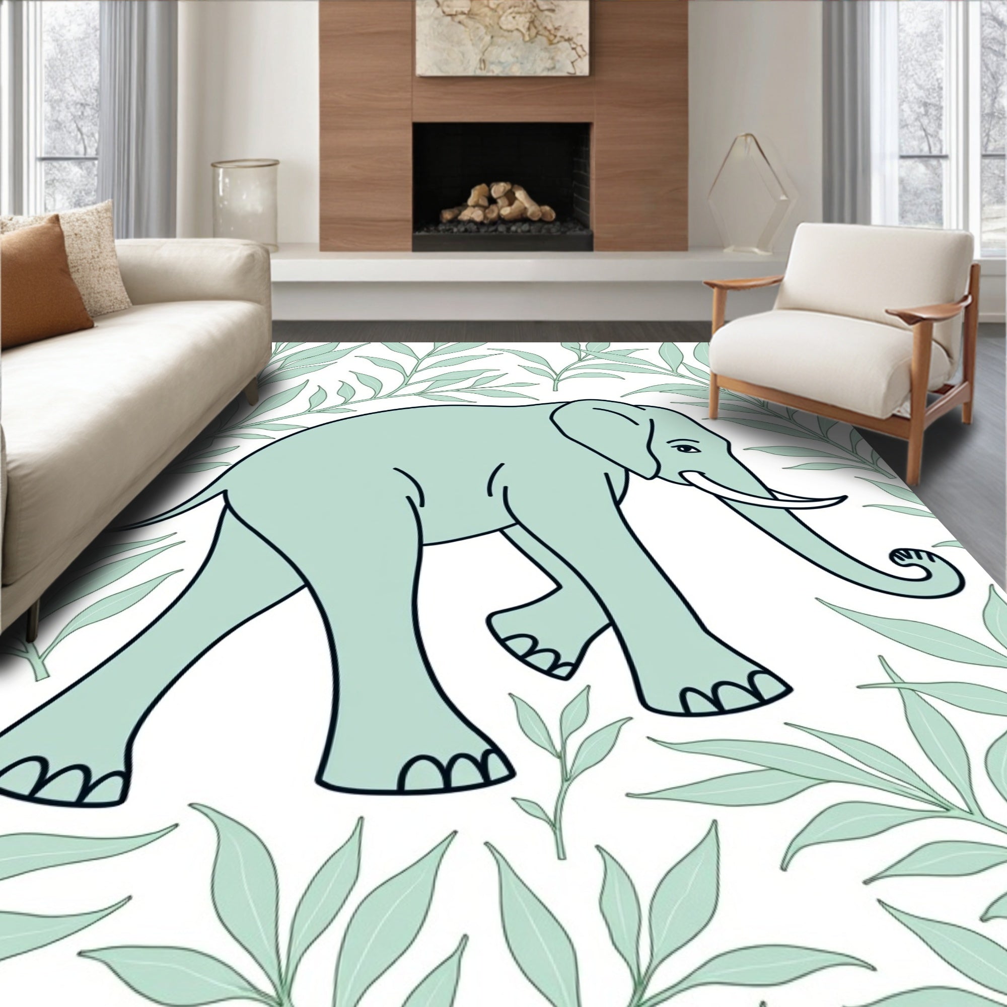 Serene Aqua Elephant Leafy Background Rug