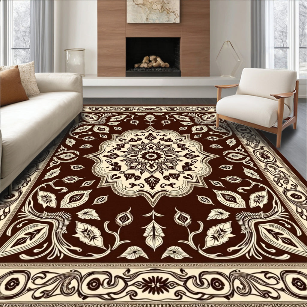 Ornate Brown Floral Medallion Arrangement Rug