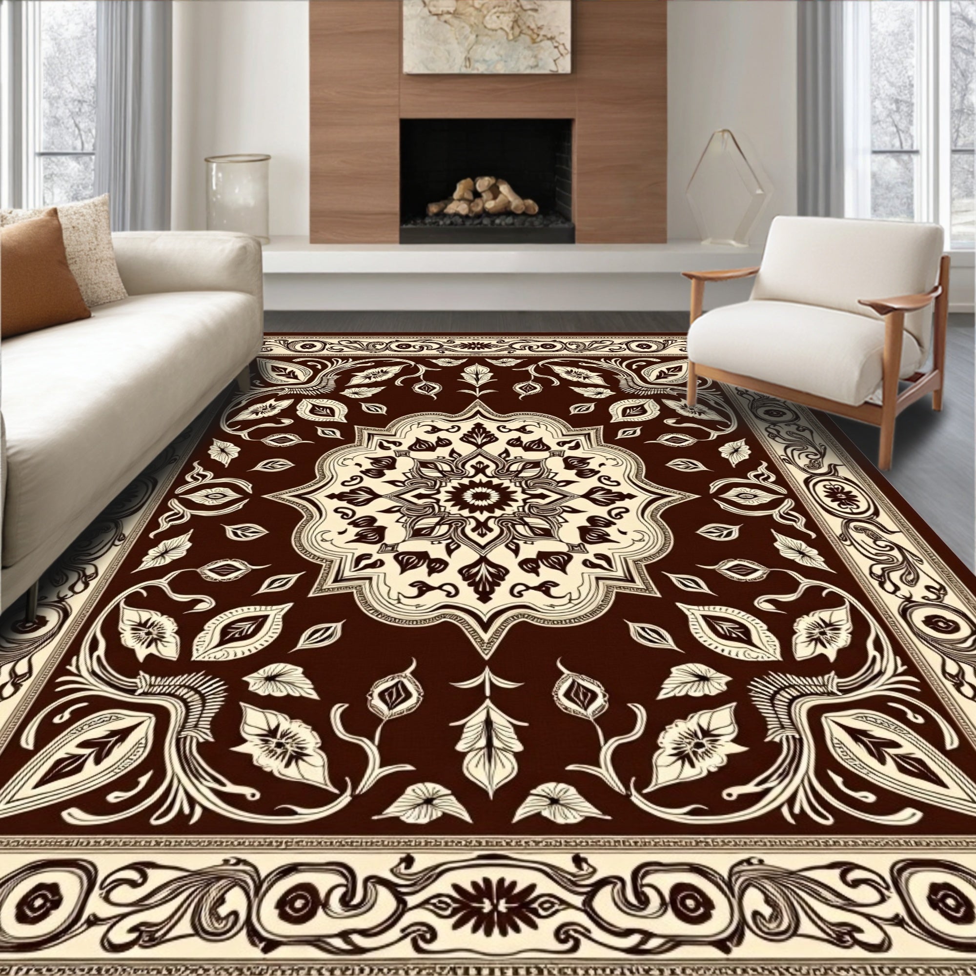 Ornate Brown Floral Medallion Arrangement Rug