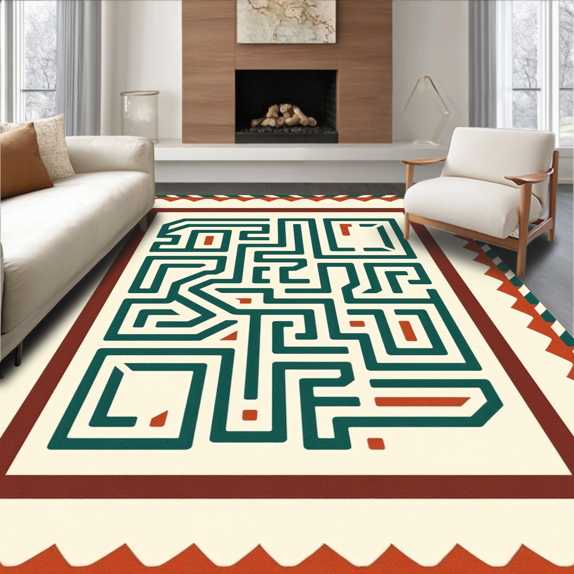 Teal Maze Cream Border Rug
