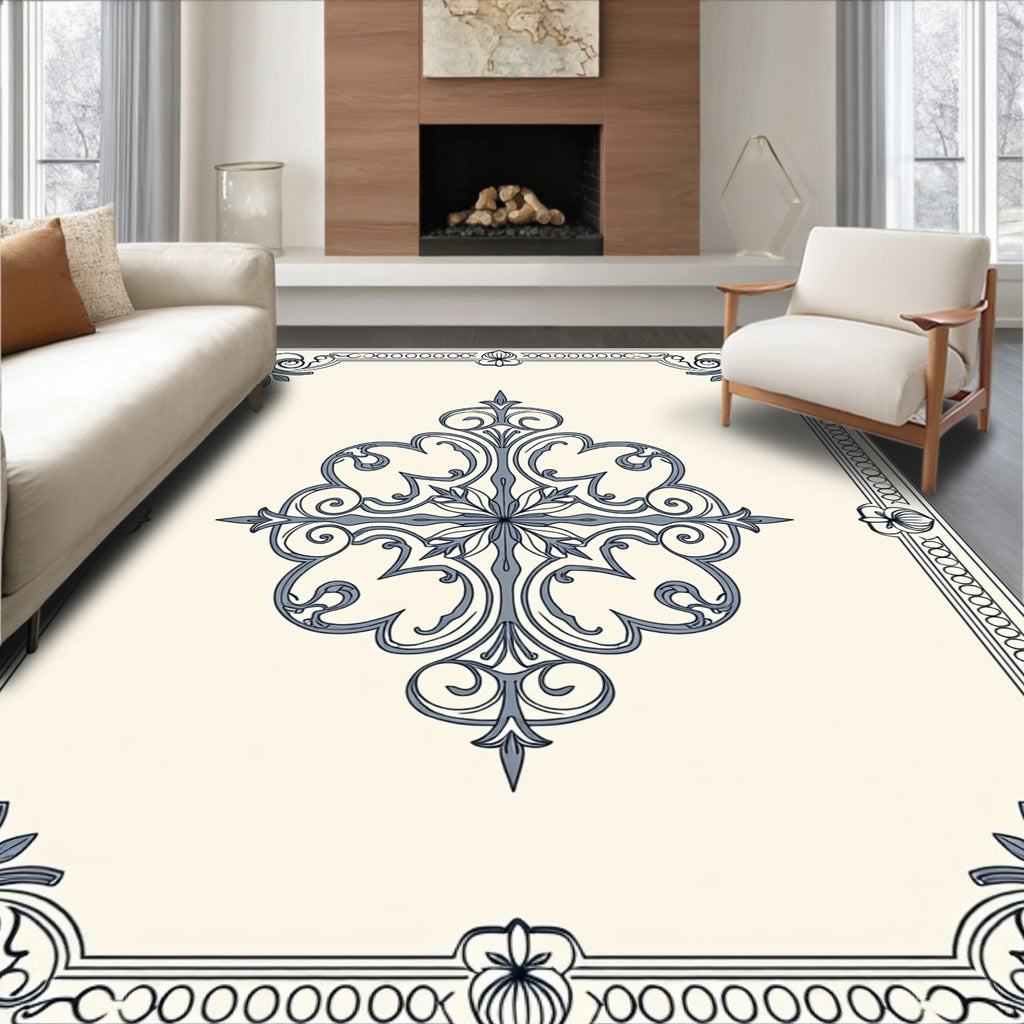 Cream Blue Ornamental Frame Medallion Rug